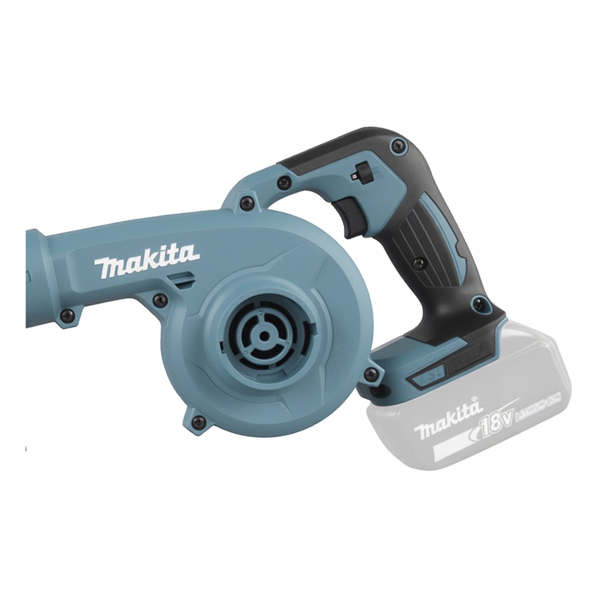 Närbild av ett Makita sladdlöst elverktyg, med sitt blå och svarta handtag, ventiler och ett delvis synligt 18V litiumjonbatteri.