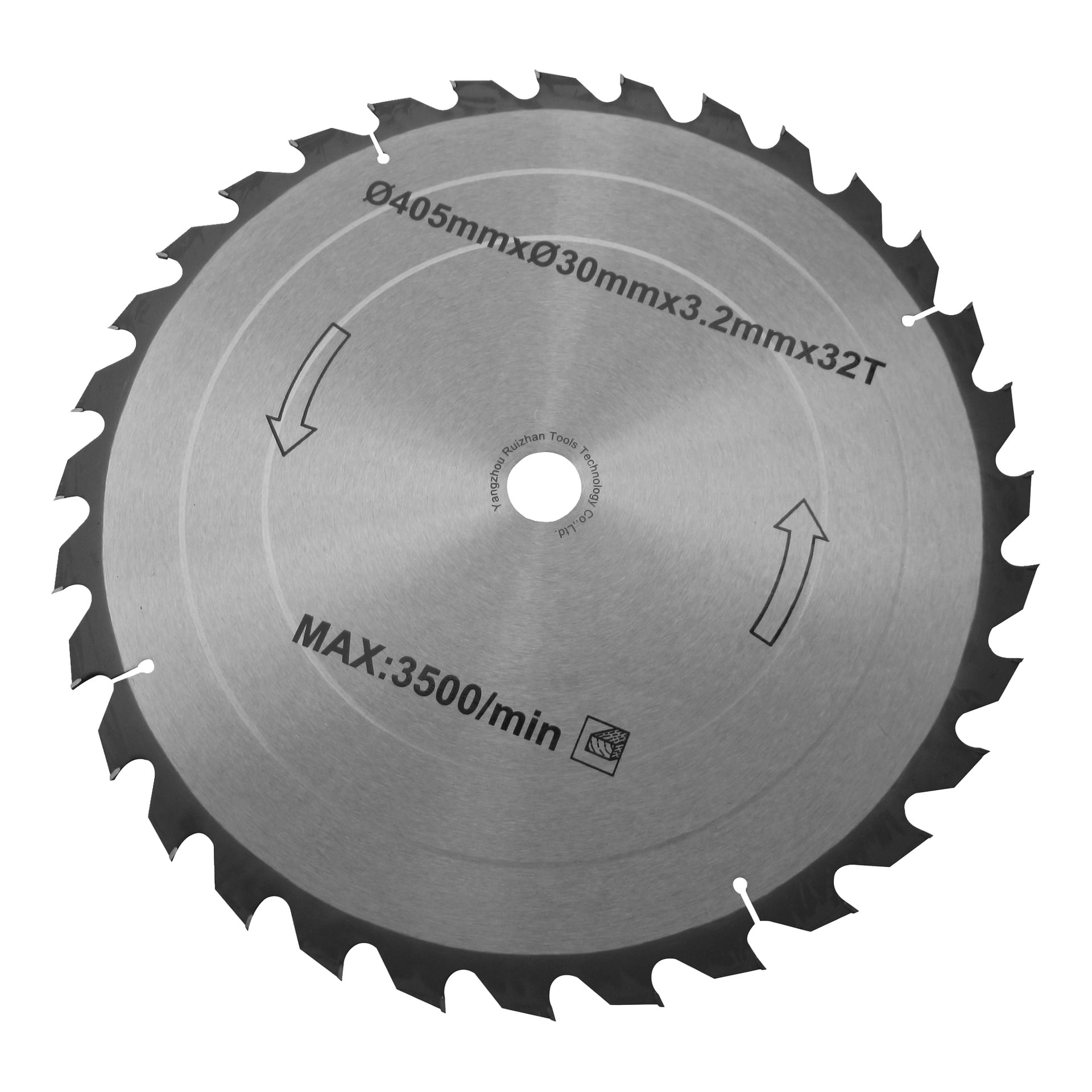 Terävä pyörösaha terä, 405 mm x 30 mm x 3,2 mm, 32 hammasta, maksiminopeus 3500 RPM, kaksi nuolta näyttää pyörimissuunnan.
