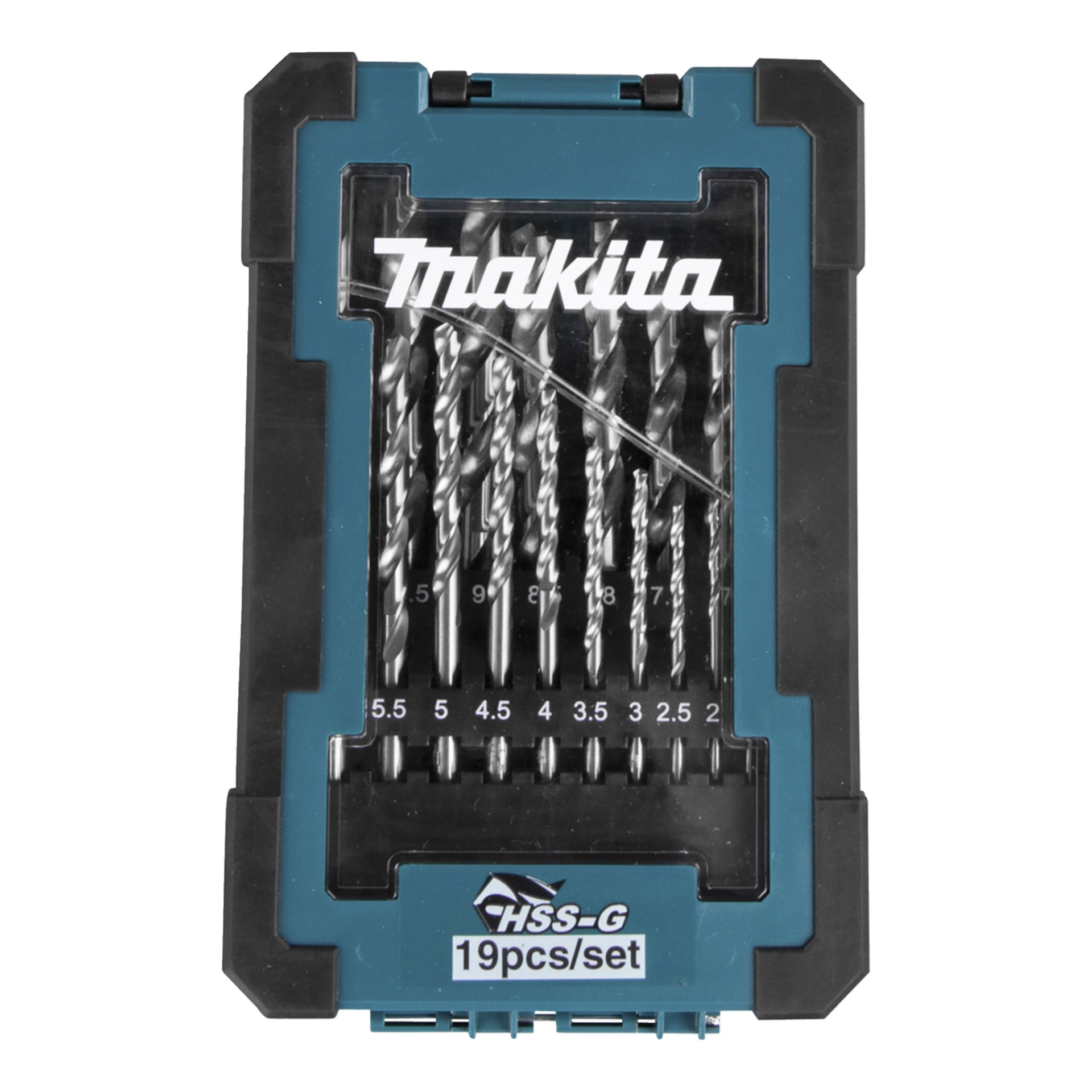 Makita plastfodral med 19 olika metallborr, organiserade efter storlek. Den transparenta framsidan visar "HSS-G 19 pcs/set.