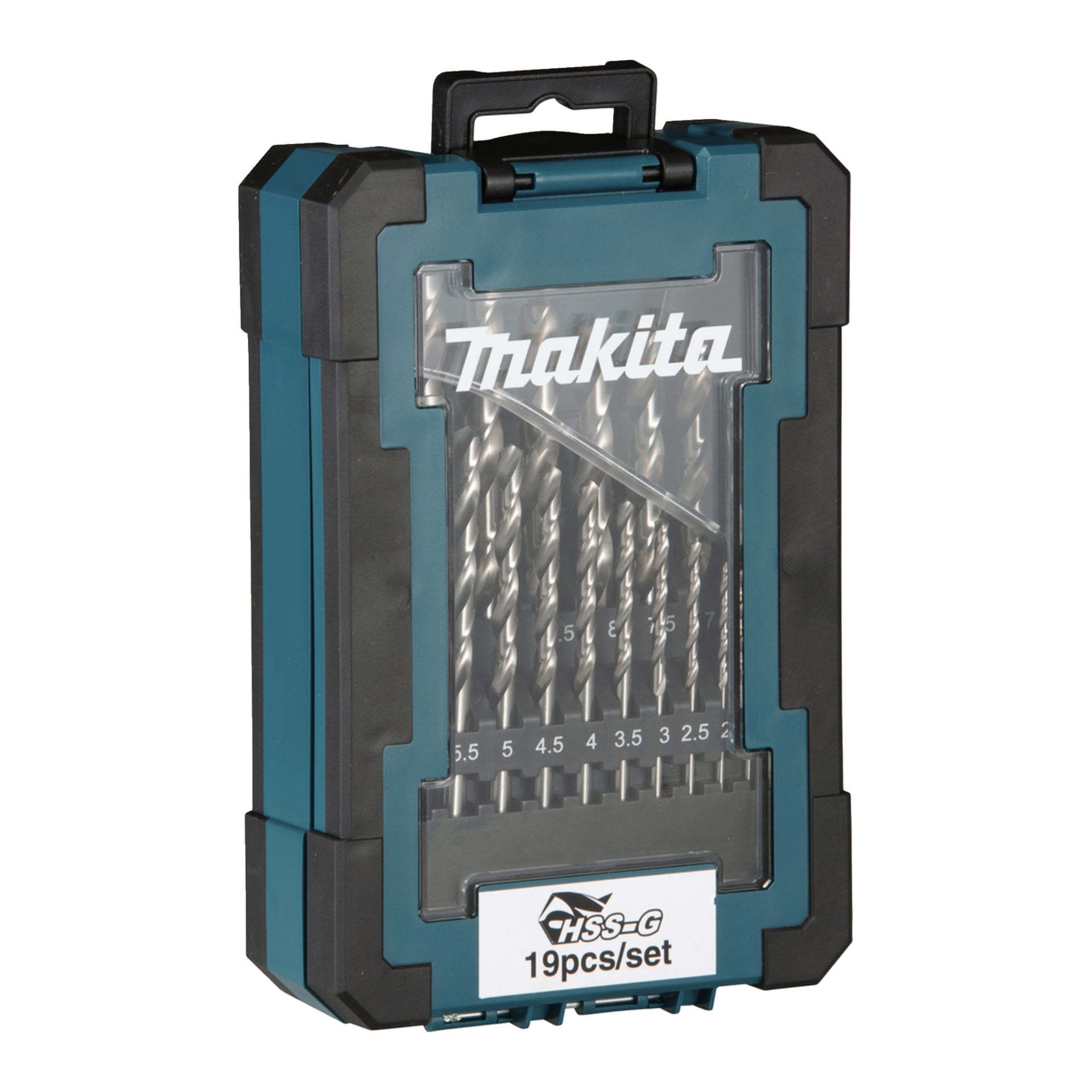 Ett plastfodral från Makita rymmer 19 olika HSS-G-borrbitar, synliga genom en genomskinlig front med storleksetiketter och ett övre bärhandtag.