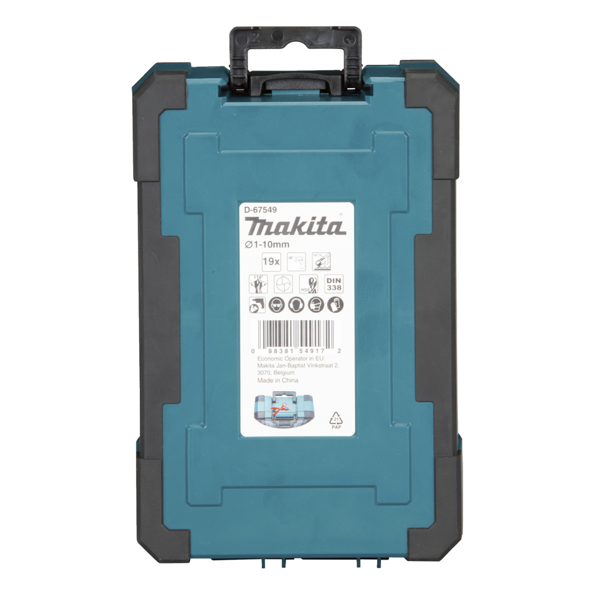 Teal- och svart Makita-plastfodral med svart handtag, vit etikett med Makita-logotyp, produktinformation och streckkod.
