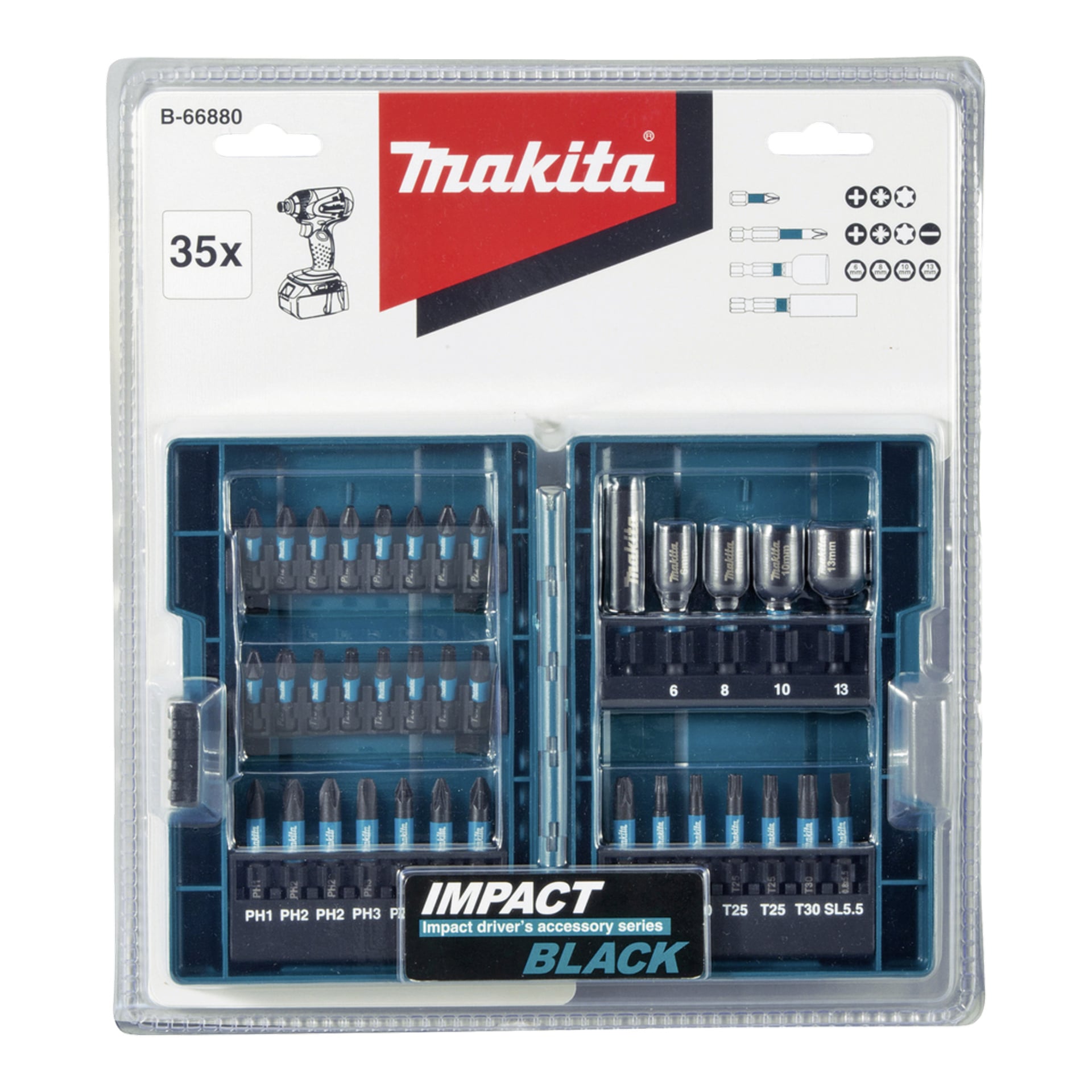 Ett plastfodral med Makita-märket, förseglat och transparent, rymmer 35 olika skruvmejsel och hylsbitar i märkta spår.