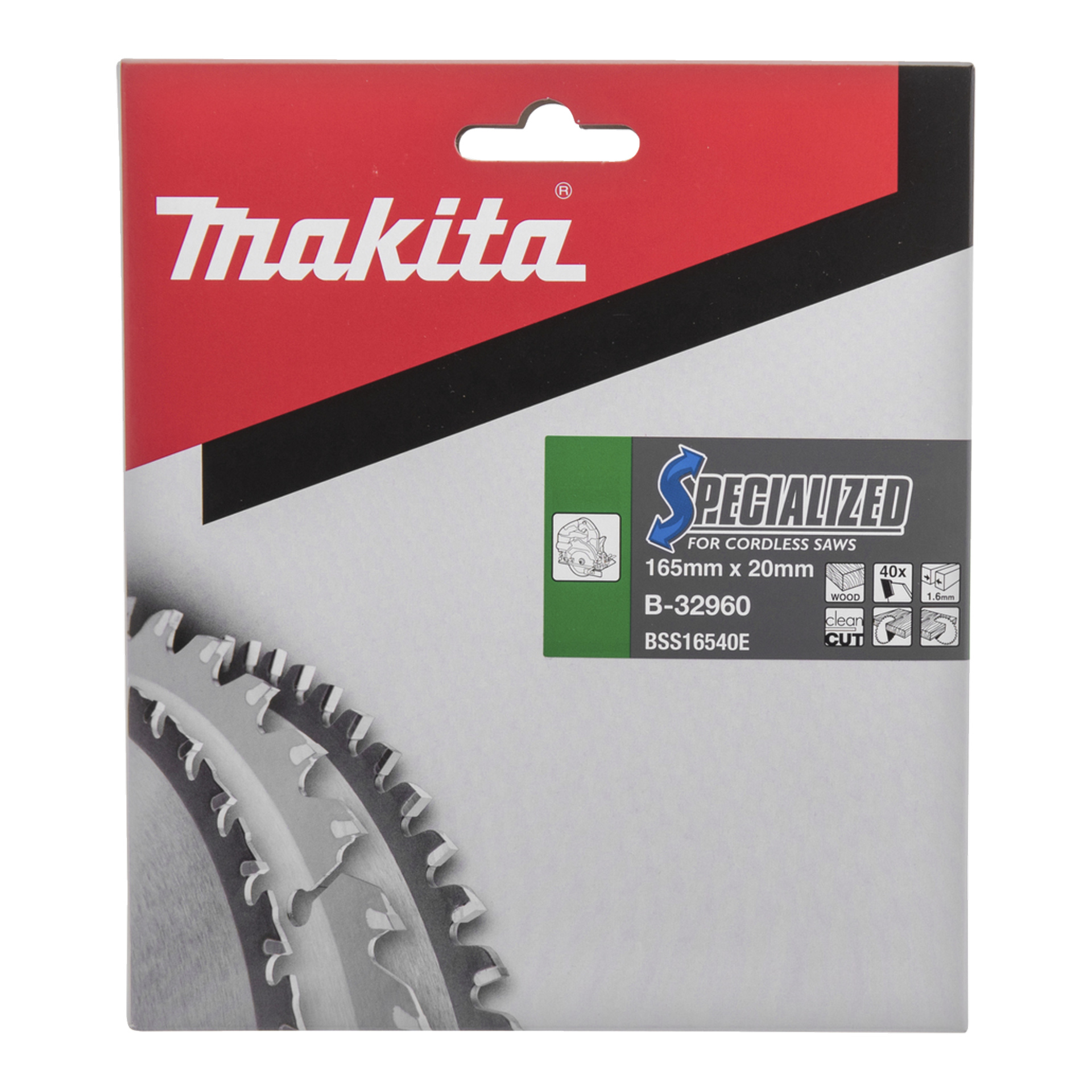 Makita sågbladspaket, specialiserat för sladdlösa sågar, B-32960, 165 mm x 20 mm. Röd, grå och vit design med bladbild.