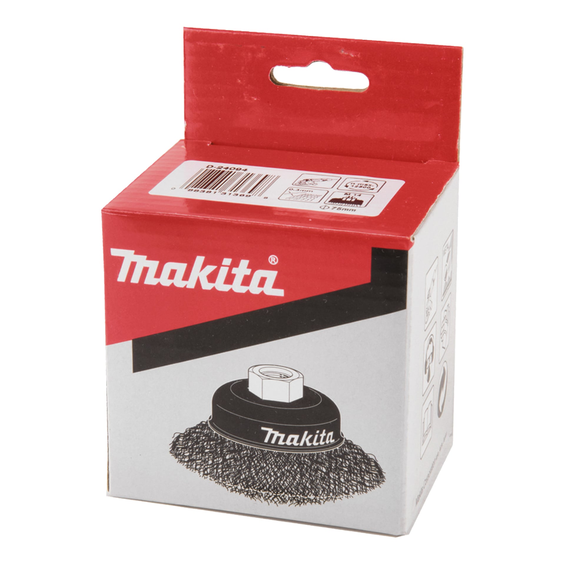 Makita-låda med en stålborstillustration, i rött, vitt och grått, med streckkod och ikoner på toppen och sidan.