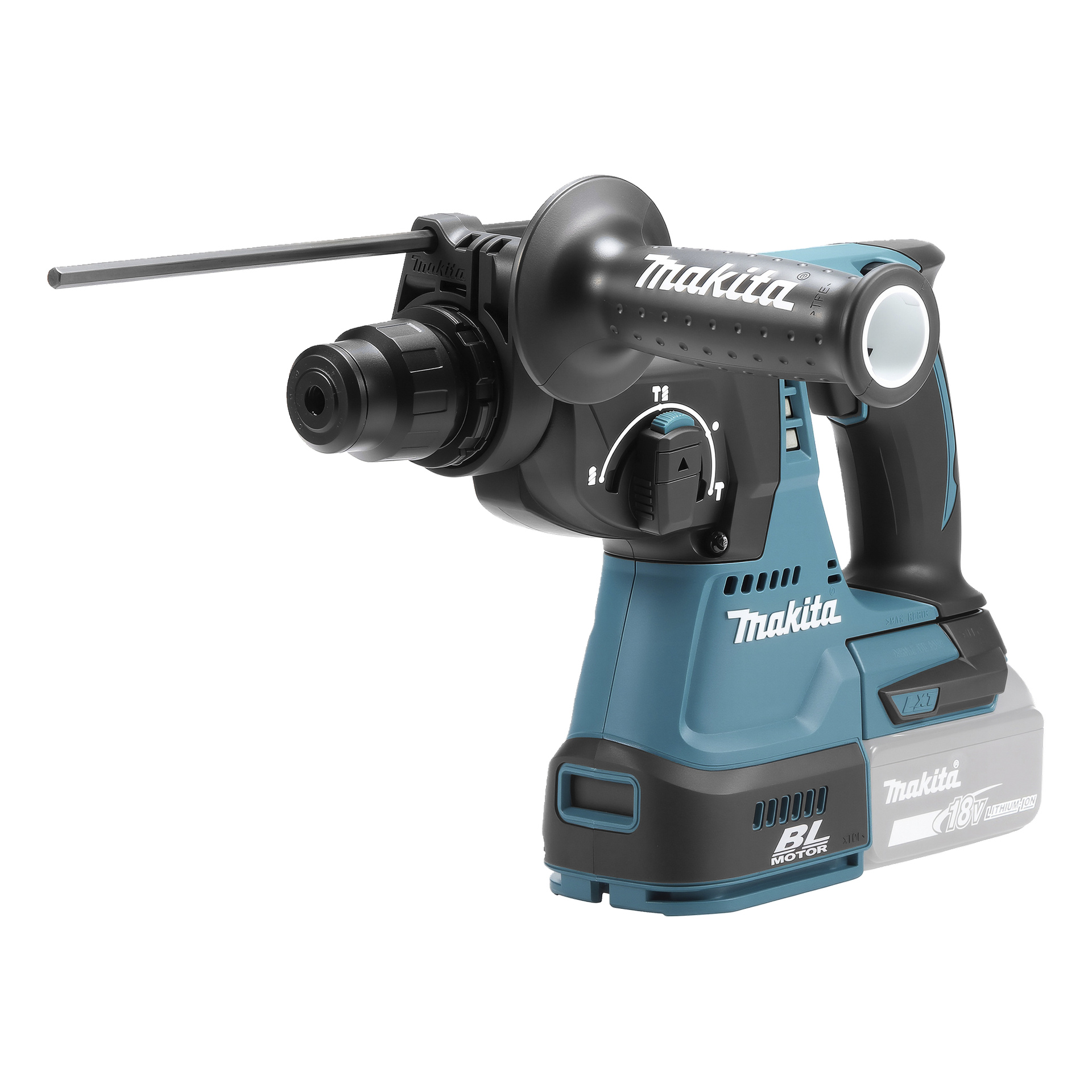 En blå och svart Makita 18V sladdlös borrmaskin med sidohandtag, djupmätare, batteripack, kontrollratt och märkning.
