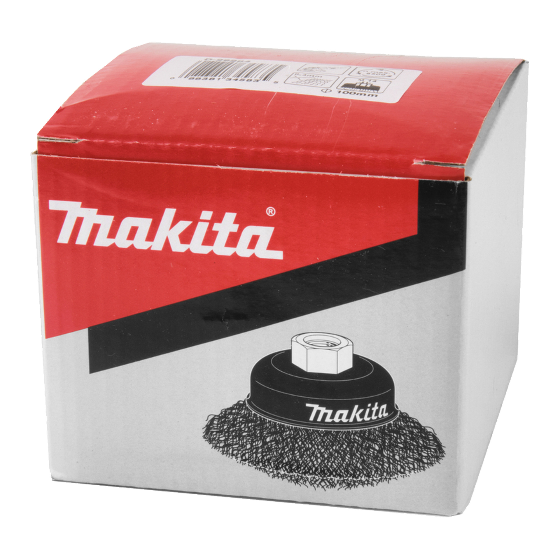 Makita-lådan i rött, svart och grått med Makita-loggan och en teckning av en stålkoppspensel på sidan.