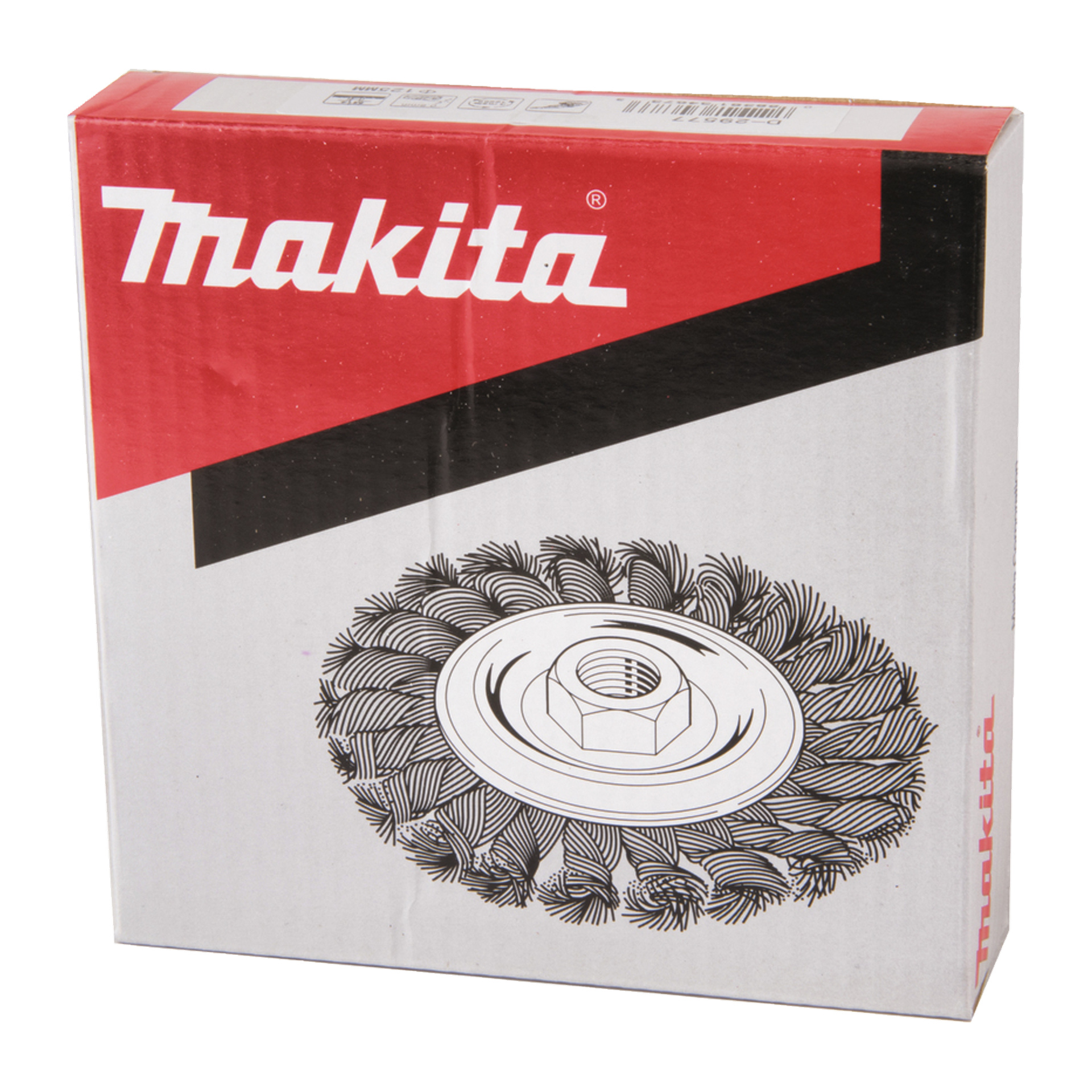 Makita-låda med en linjeteckning av ett stålborsthjul på framsidan, Makita-logga i rött och vitt upptill.