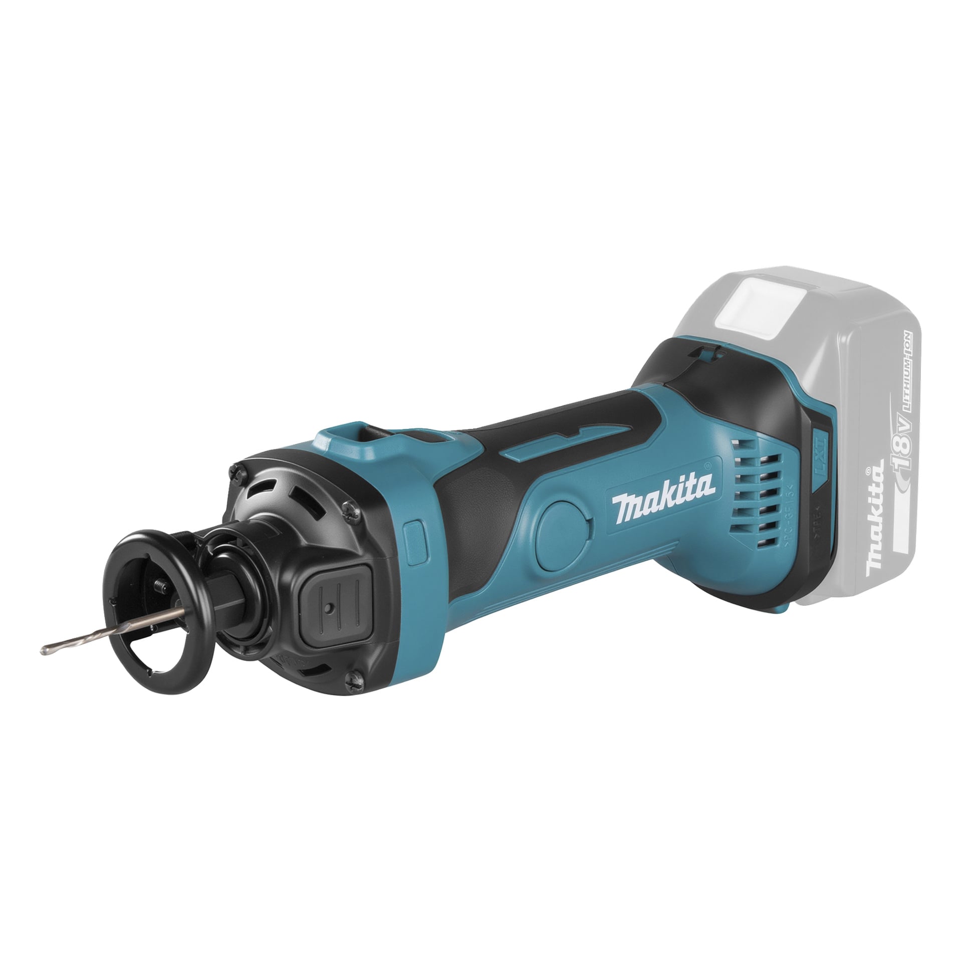 Makita sladdlöst roterande verktyg, blått och svart, med ventilationsspår, en borr framtill och en blekt plats för det avtagbara batteriet.