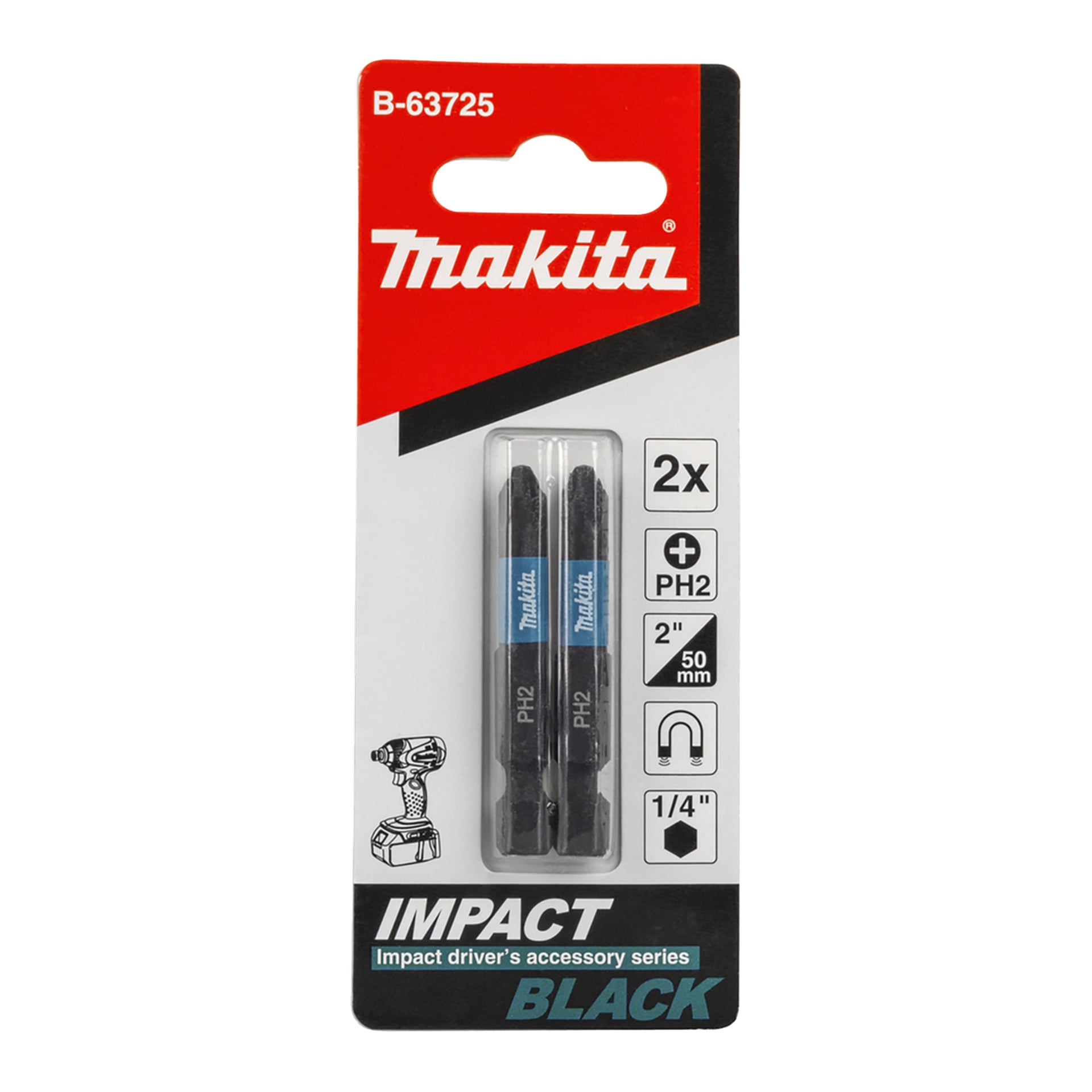 Makita B-63725 Impact Black skruvmejselbitar är packade med två 2-tums PH2-bitar för 1/4" drivning, i detaljhandelsförpackning med detaljer.