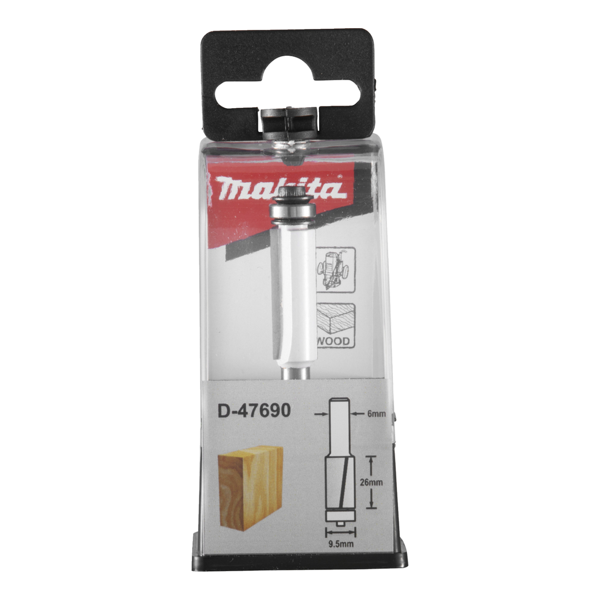 Makita-fräsfräsen i genomskinlig förpackning, märkt D-47690, har diagram med mått och en träikon som visar dess användning.