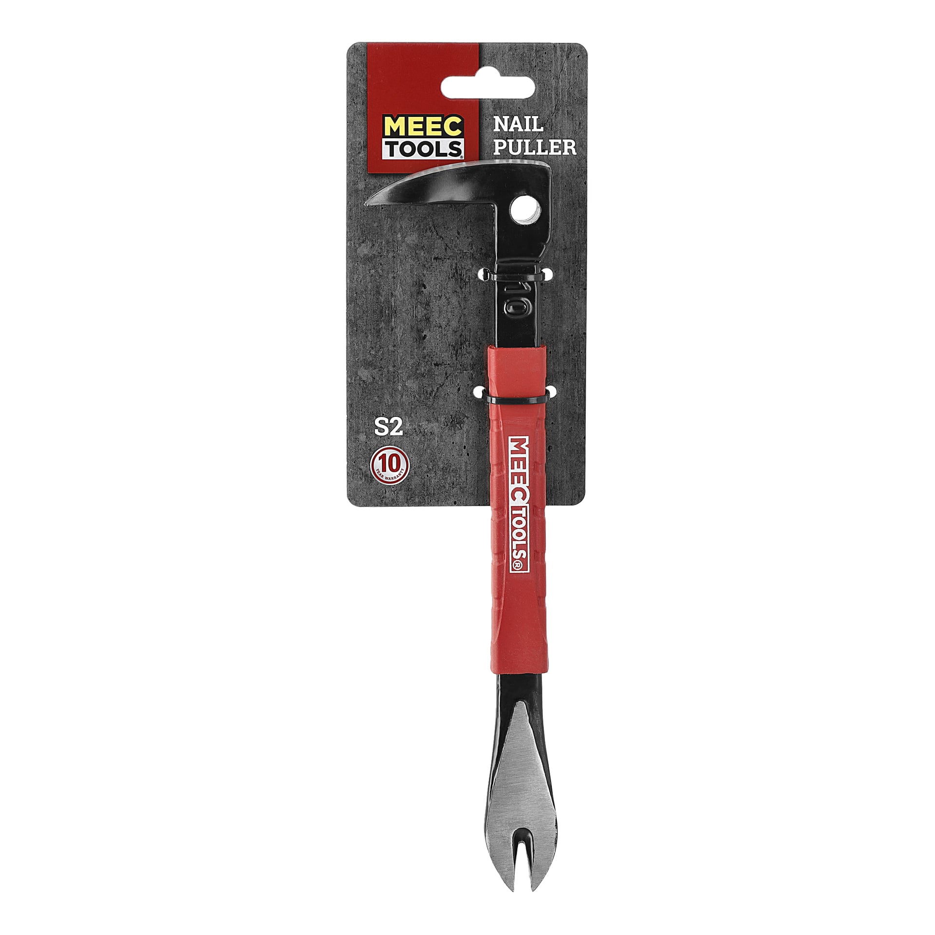 Meec Tools nageldragare med ett rött och svart handtag i förpackningen, som visar varumärke, produktnamn och detaljer på grå bakgrund.