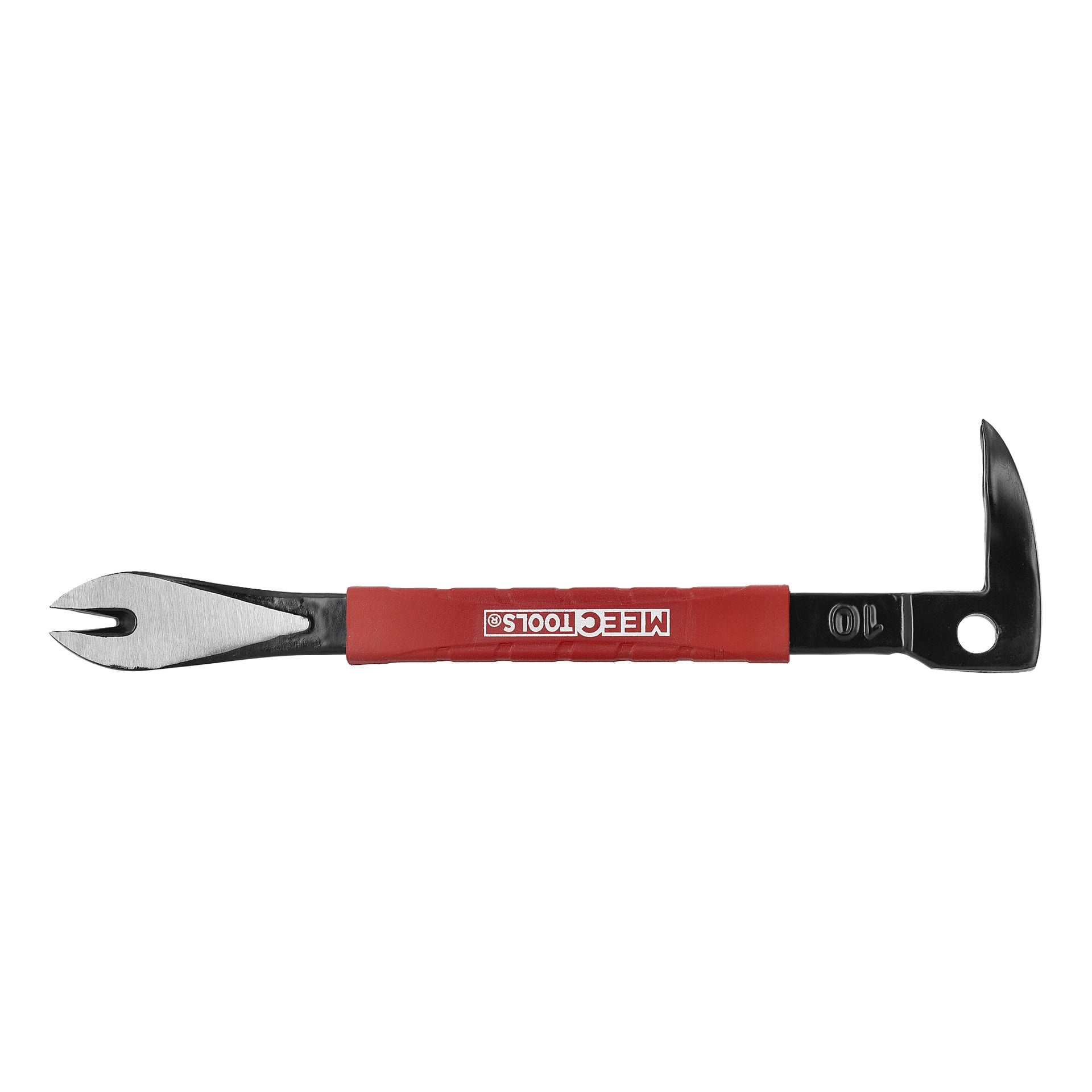 En metallbräck med ett rött MEEC TOOLS-handtag, med en platt gaffel bändspets i ena änden och en böjd klohammare i den andra.