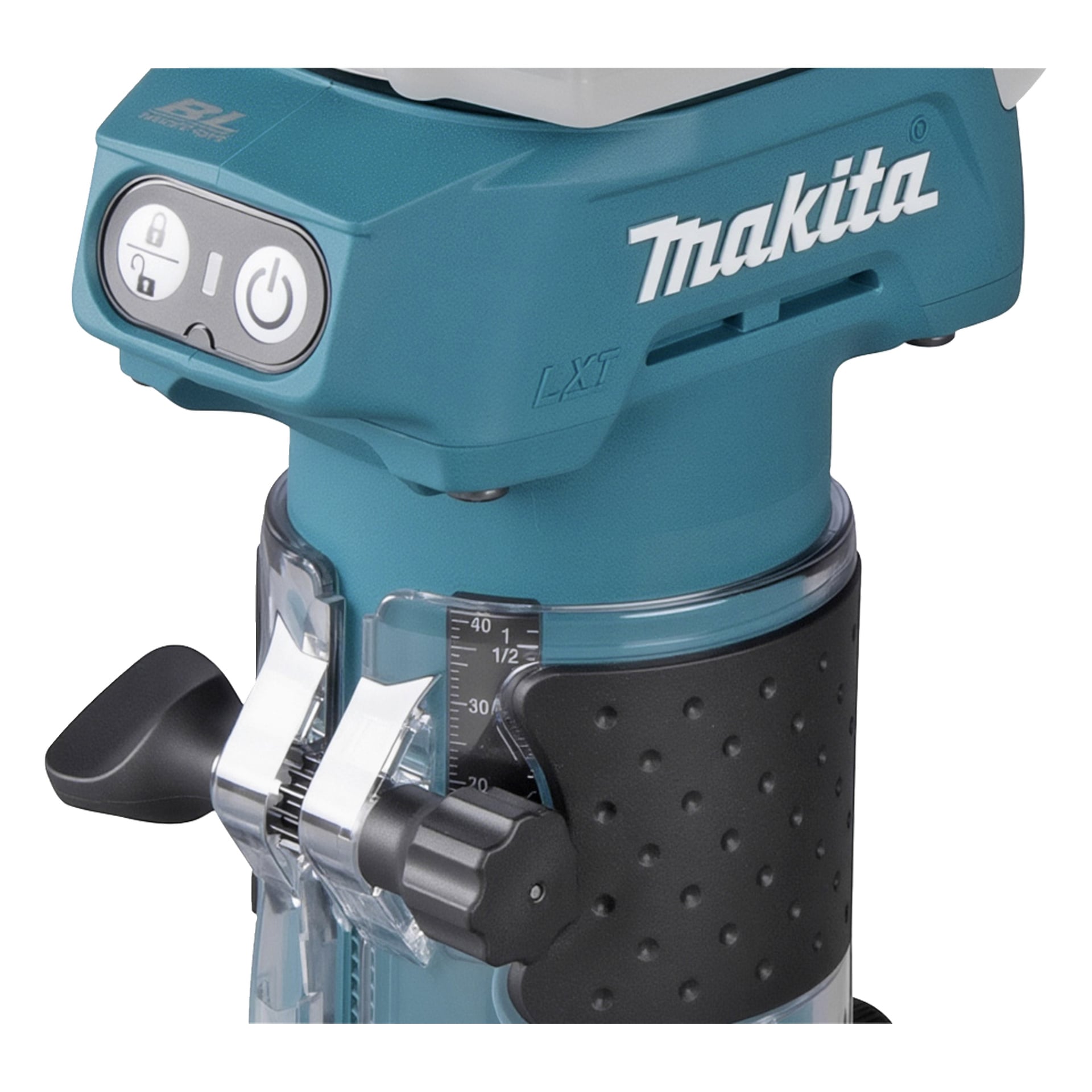 Närbild på ett blått Makita-verktyg som visar dess logotyp, strömbrytare, justerbara kontroller, mätmärken och ett svart handtag med texturer.
