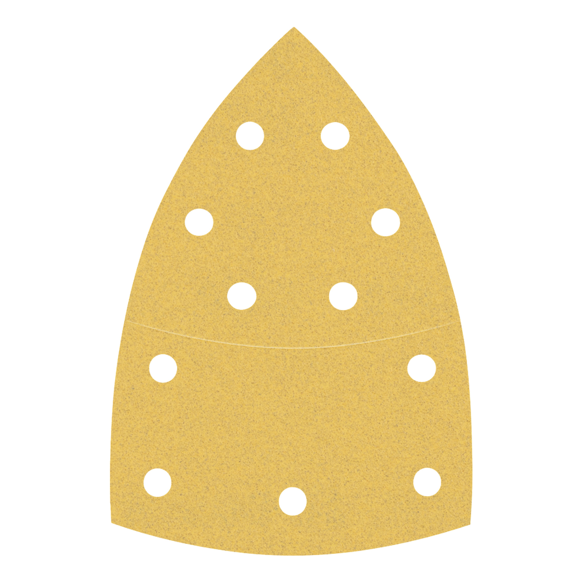 Triangulärt sandpapper med elva cirkulära hål i två rader, avsedda för användning med en detaljslipmaskin.