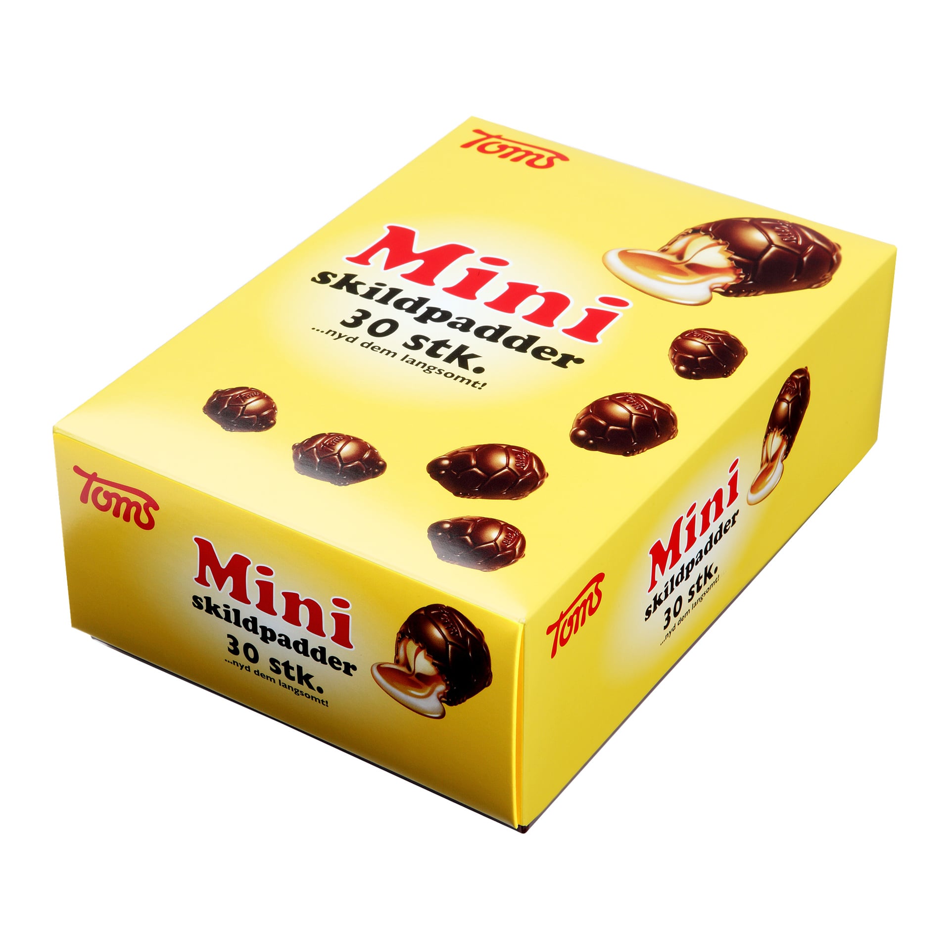 En gul Toms Mini Skildpadder-chokladask med sköldpaddsformade choklader på bilden och text som anger att den rymmer 30 bitar.