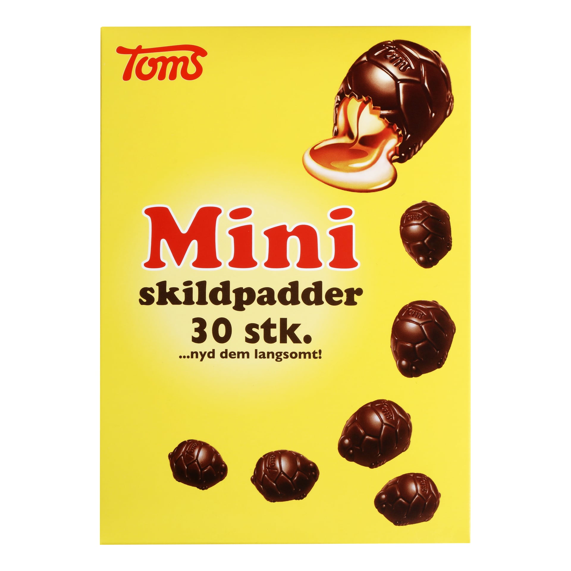 Gul annons för Toms Mini Skildpadder innehåller chokladsköldpaddsgodis, en med karamellfyllning. Texten säger: Mini skildpadder 30 stk. ... Nyd dem langsomt! Toms logga ovan.