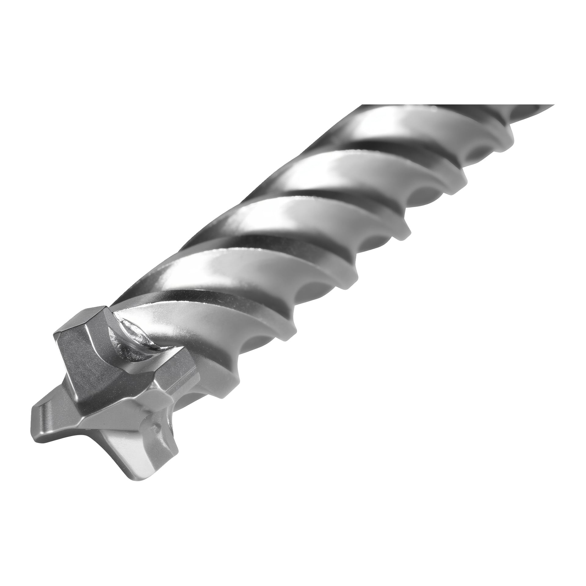 Nahaufnahme eines Metallbohrers mit Spiralrille und Kreuzspitzendesign.