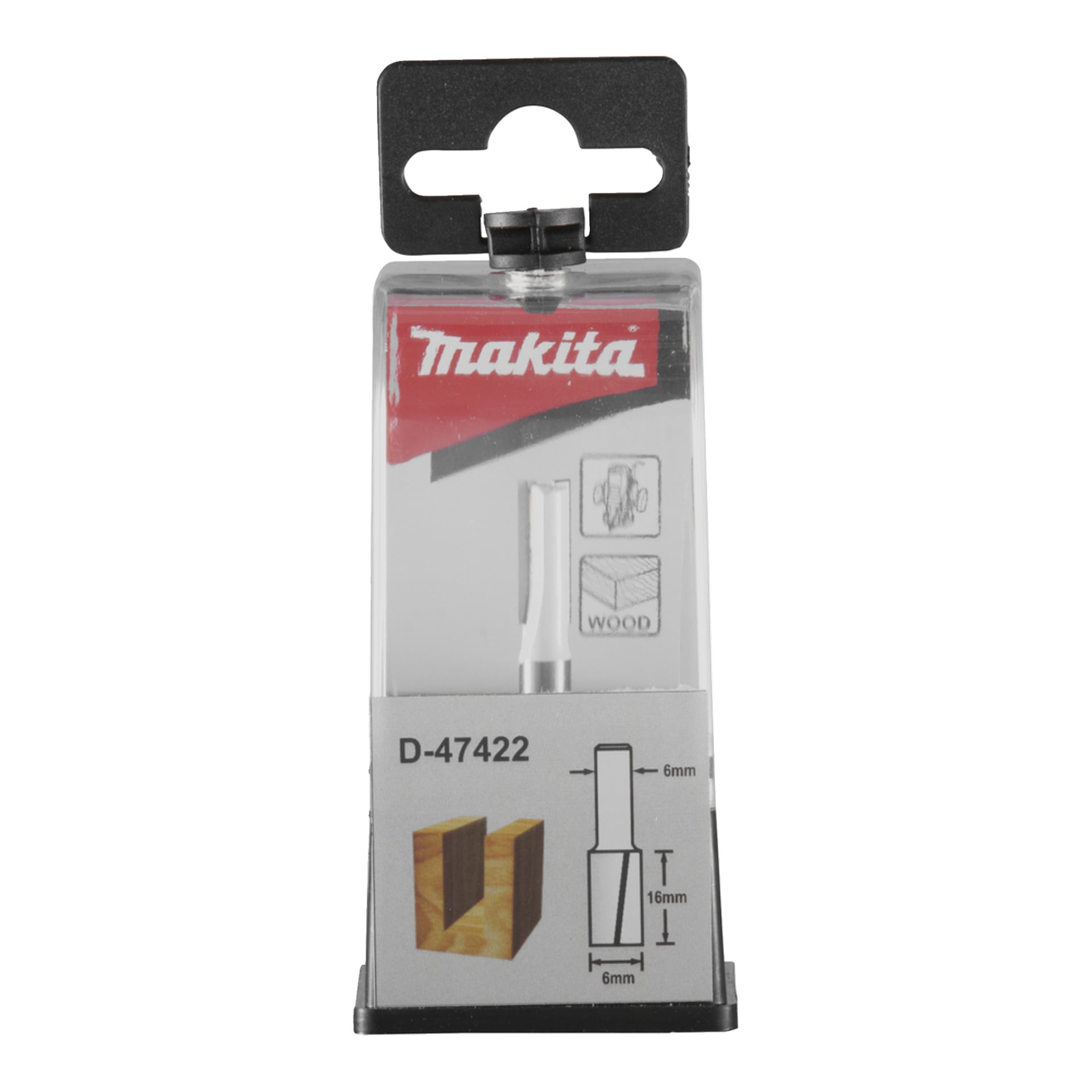 Makita-paket med träfräs, modell D-47422; Förpackningar visar diagram för 6 mm diameter, 16 mm skärlängd, användning av träarbete.