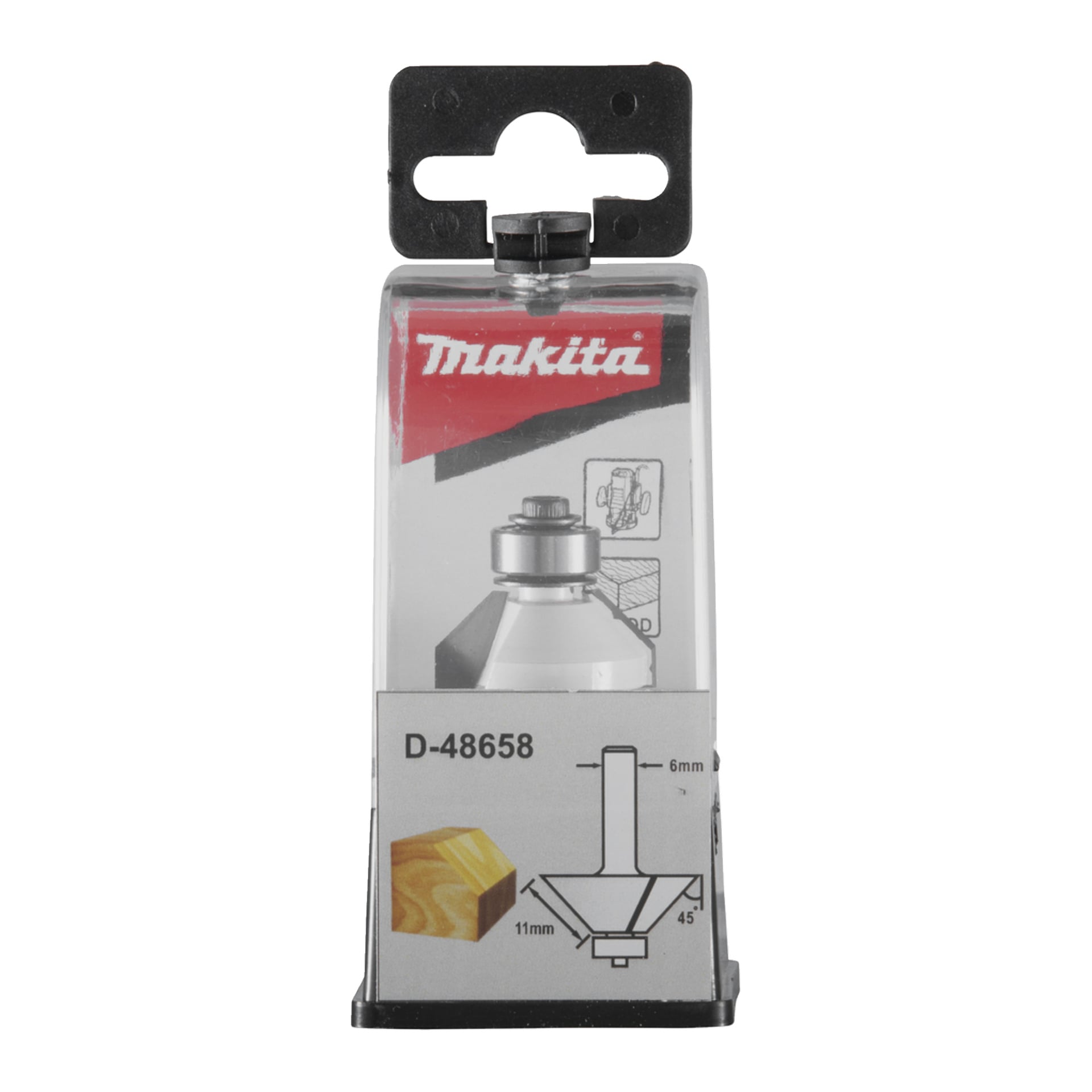 Makita-fräsbit i plastpaket märkt D-48658, som visar profildiagram med 6 mm, 11 mm storlekar, 45° vinkel och träkantgrafik.