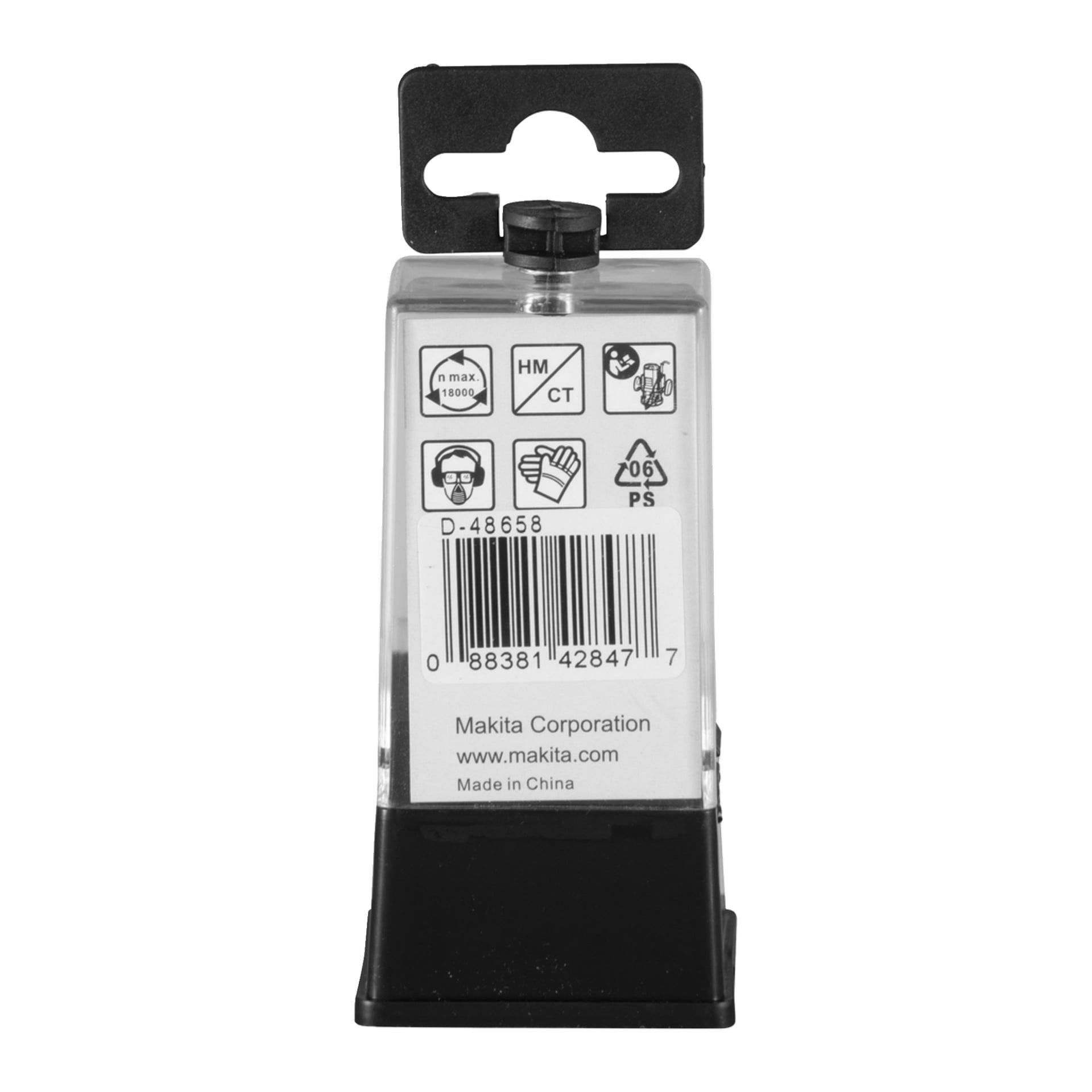 Genomskinlig plastförpackning med svart bas och hängflik, som visar säkerhetsikoner, streckkod, Makita-varumärke, URL och Made in China-etikett.