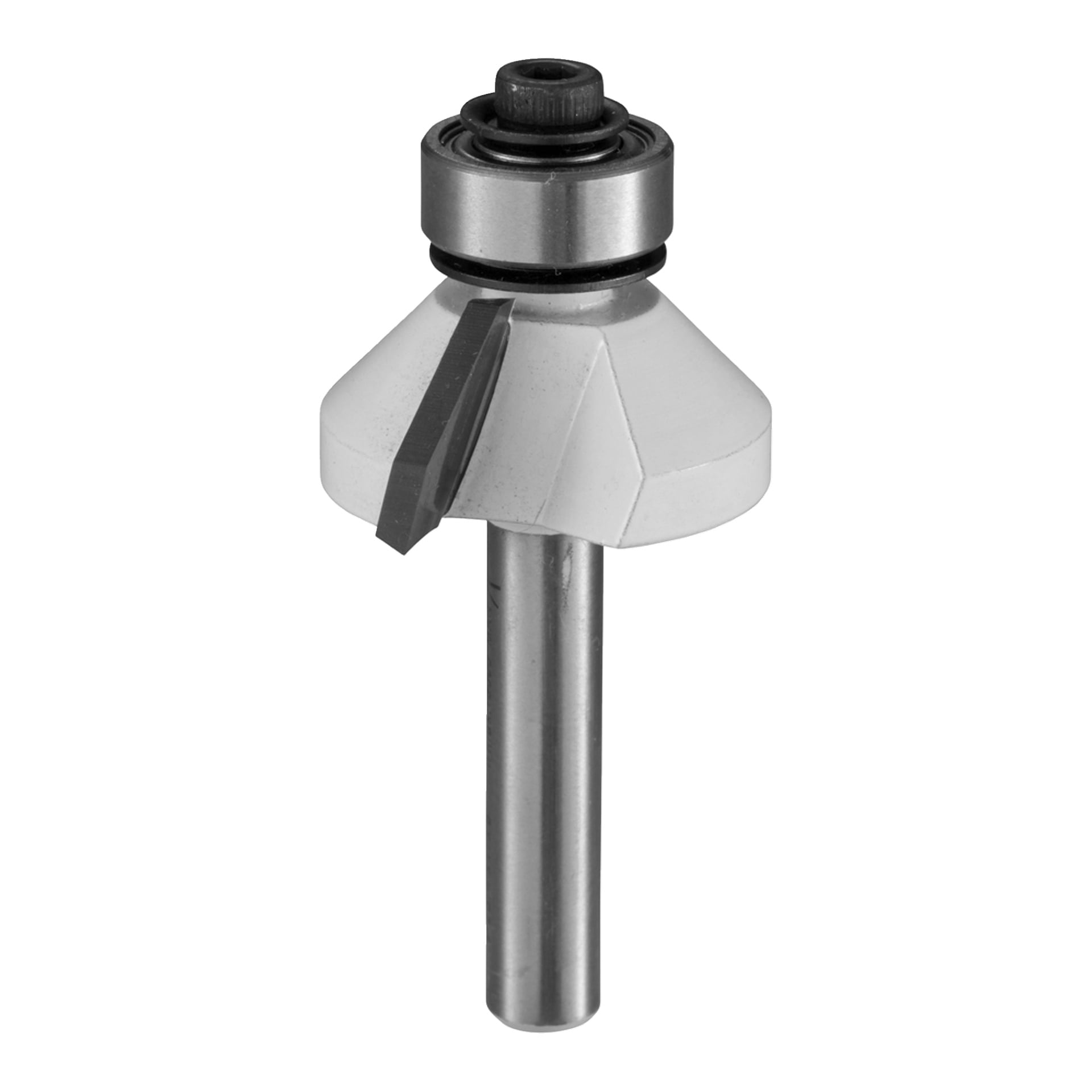 En närbild på en metall-fräsbit med topplager, vass skäregg och cylindrisk skaft.