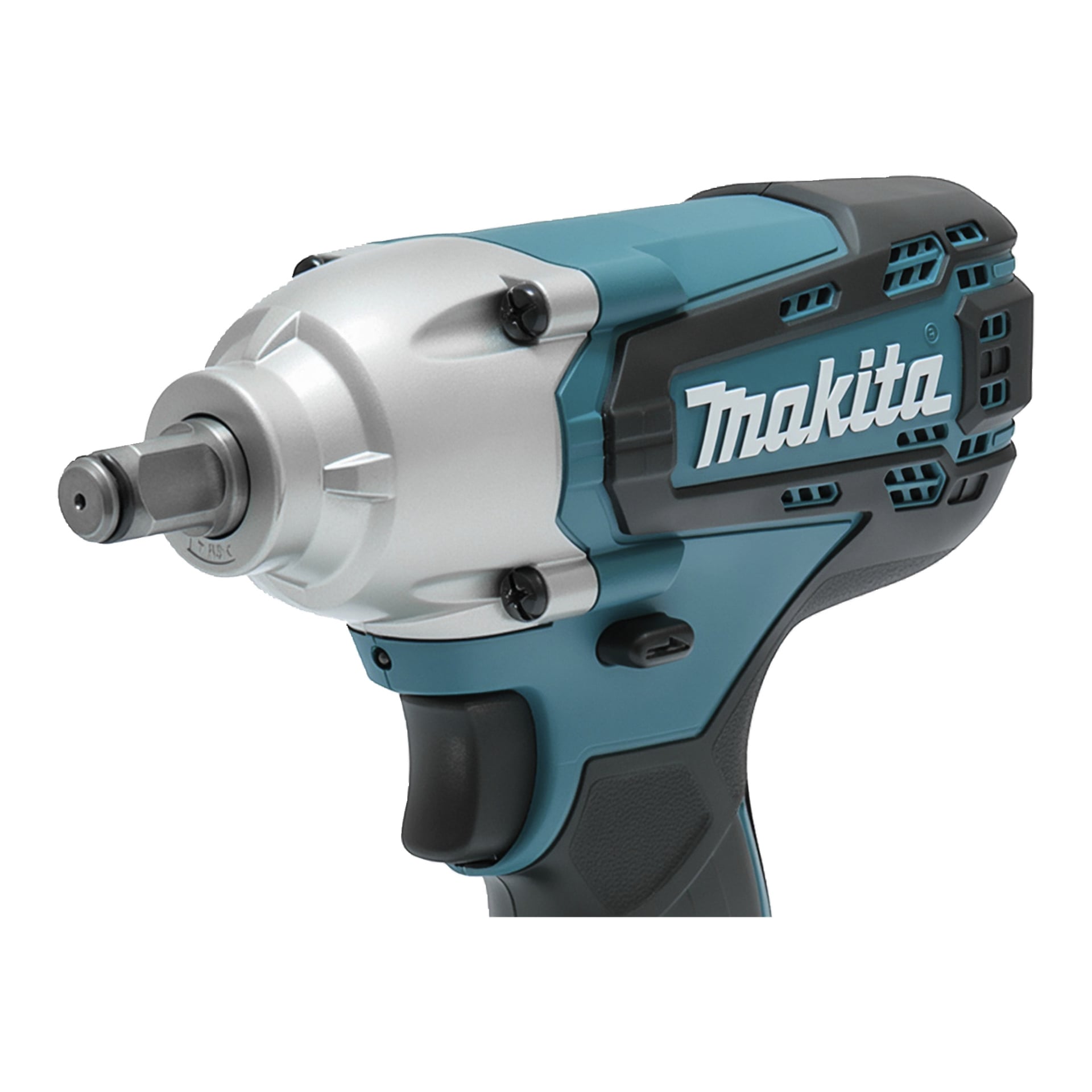 Närbild av en Makita trådlös slagnyckel med en teal- och svart kaross, silverfärgat fronthus och Makita-logga på sidan.