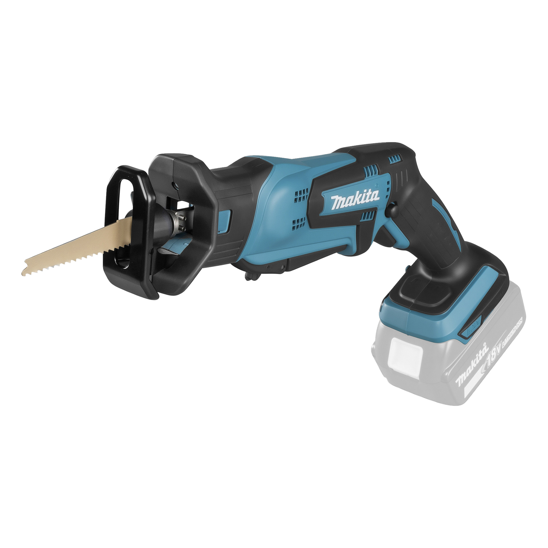 Makita sladdlös bajonsåg med svart och teal-design, synligt blad och ett tomt batterifack.
