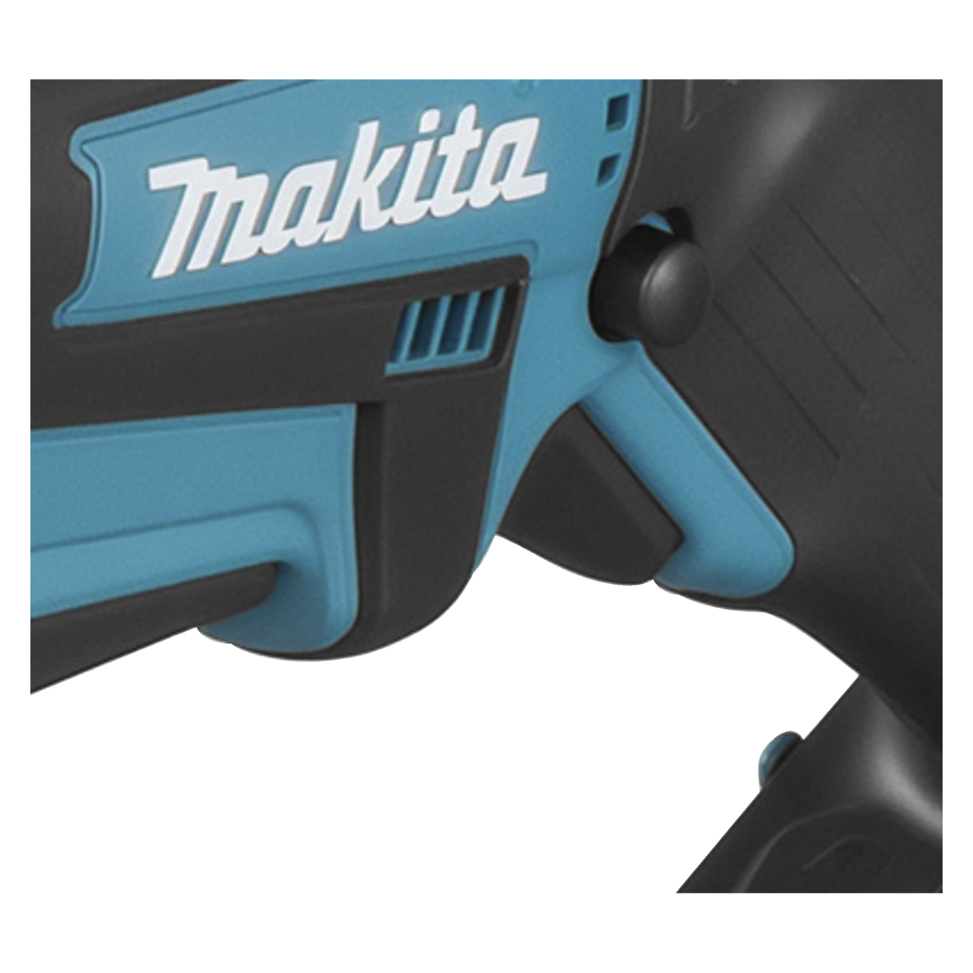 Närbild på ett Makita-elverktyg i blått och svart, som framhäver logotypen med en del av handtaget och ventilen synlig.