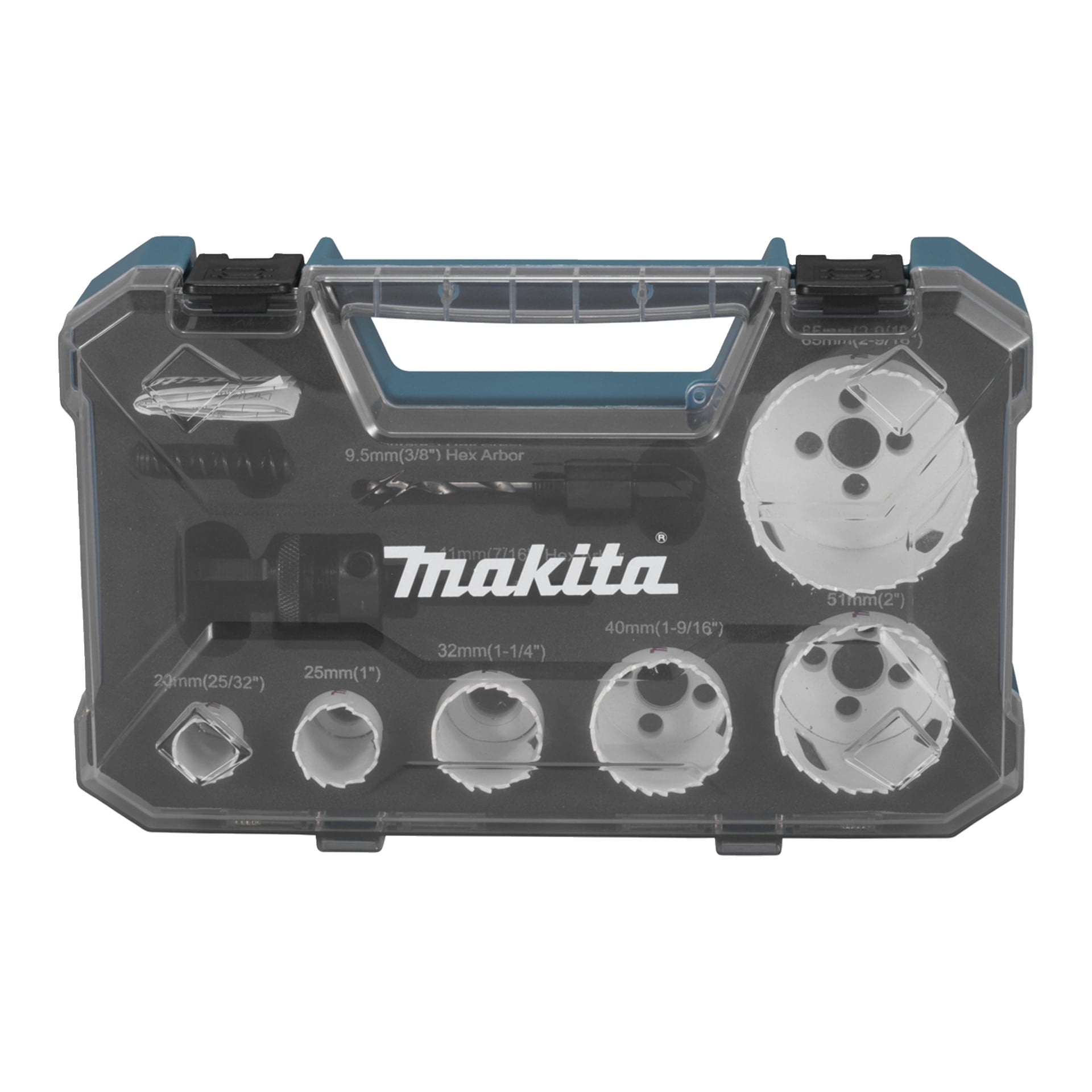 Makita-merket klar kasse med et hullsagsett med flere runde blader, en sekskant-aksel og diverse boreutstyr inni.