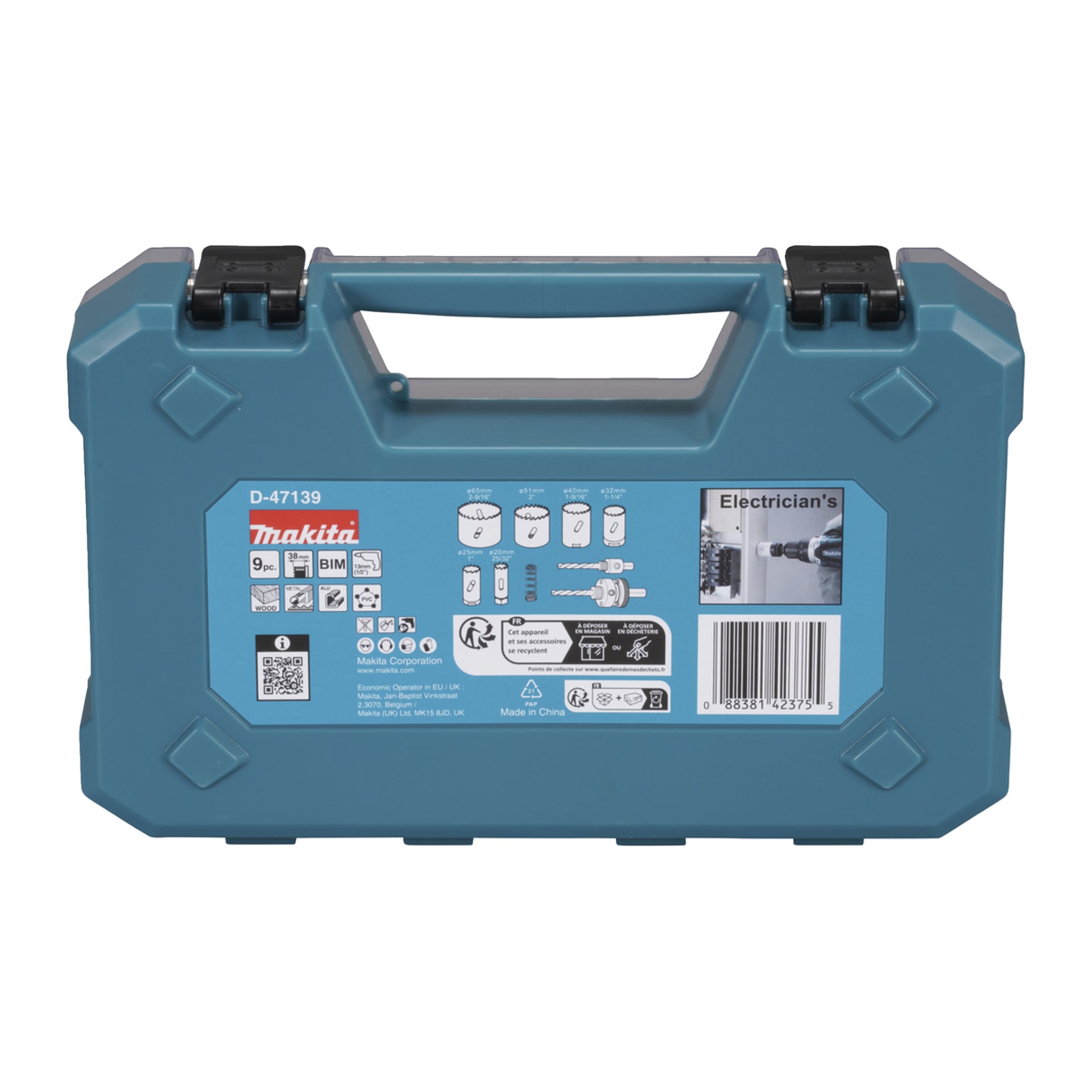 Blå Makita plastbæreveske merket Elektrikere med håndtak, informasjon, strekkode og bilder av bor og sagdeler foran.