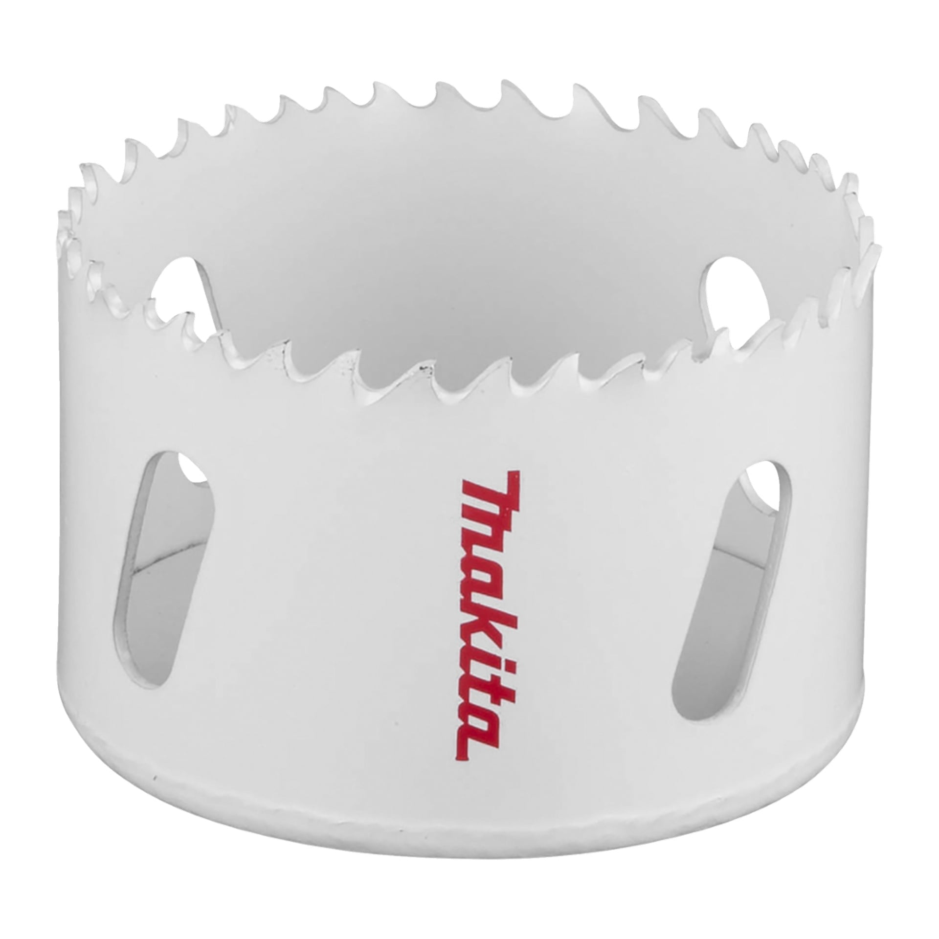 Eine weiße Makita-Lochsäge mit scharfen Kantenzähnen und drei ovalen Seitenausschnitten, auf deren Seite das rote Makita-Logo zu sehen ist.