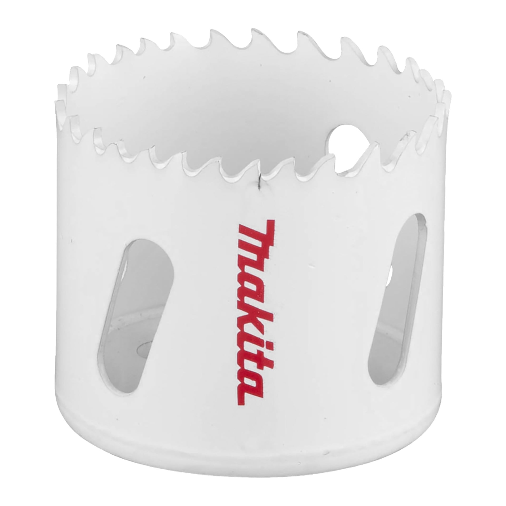 Eine weiße Makita-Lochsäge mit scharfen Zähnen oben, drei ovalen Ausschnitten an der Seite und Makitas Logo in Rot.