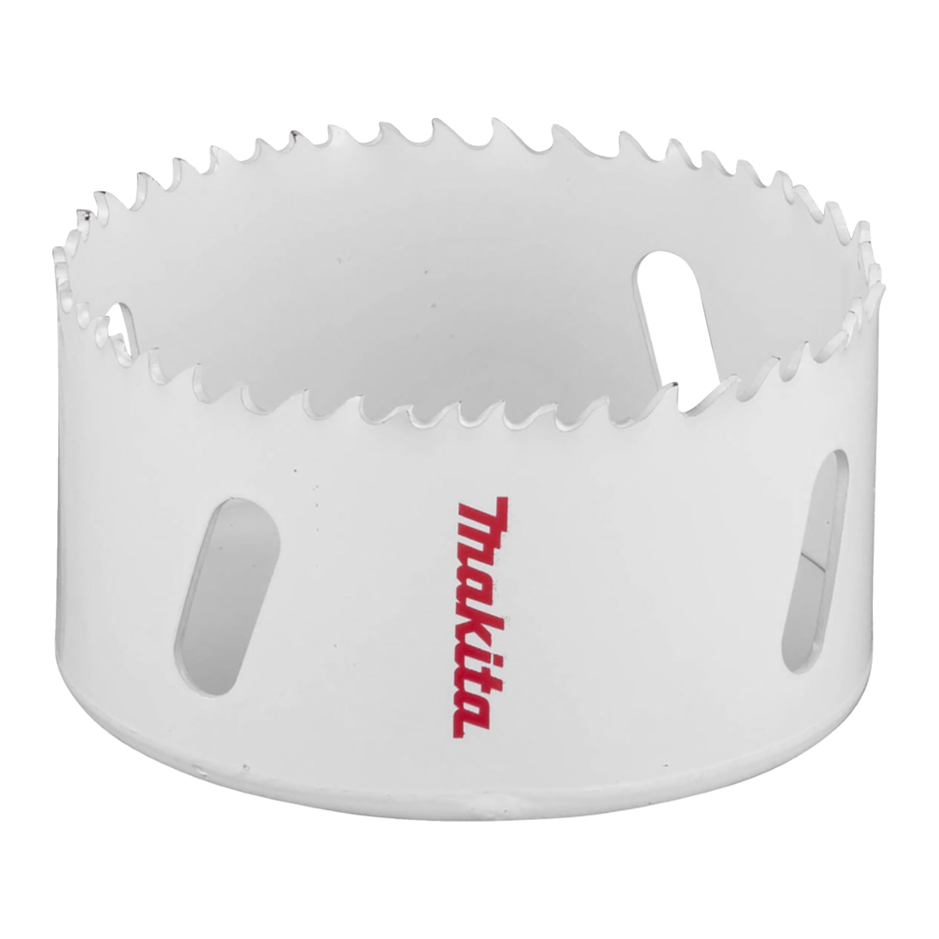 En hvit sylindrisk hullsag med taggete skjæretenner, tre lange sideåpninger og en vertikal rød Makita-logo.