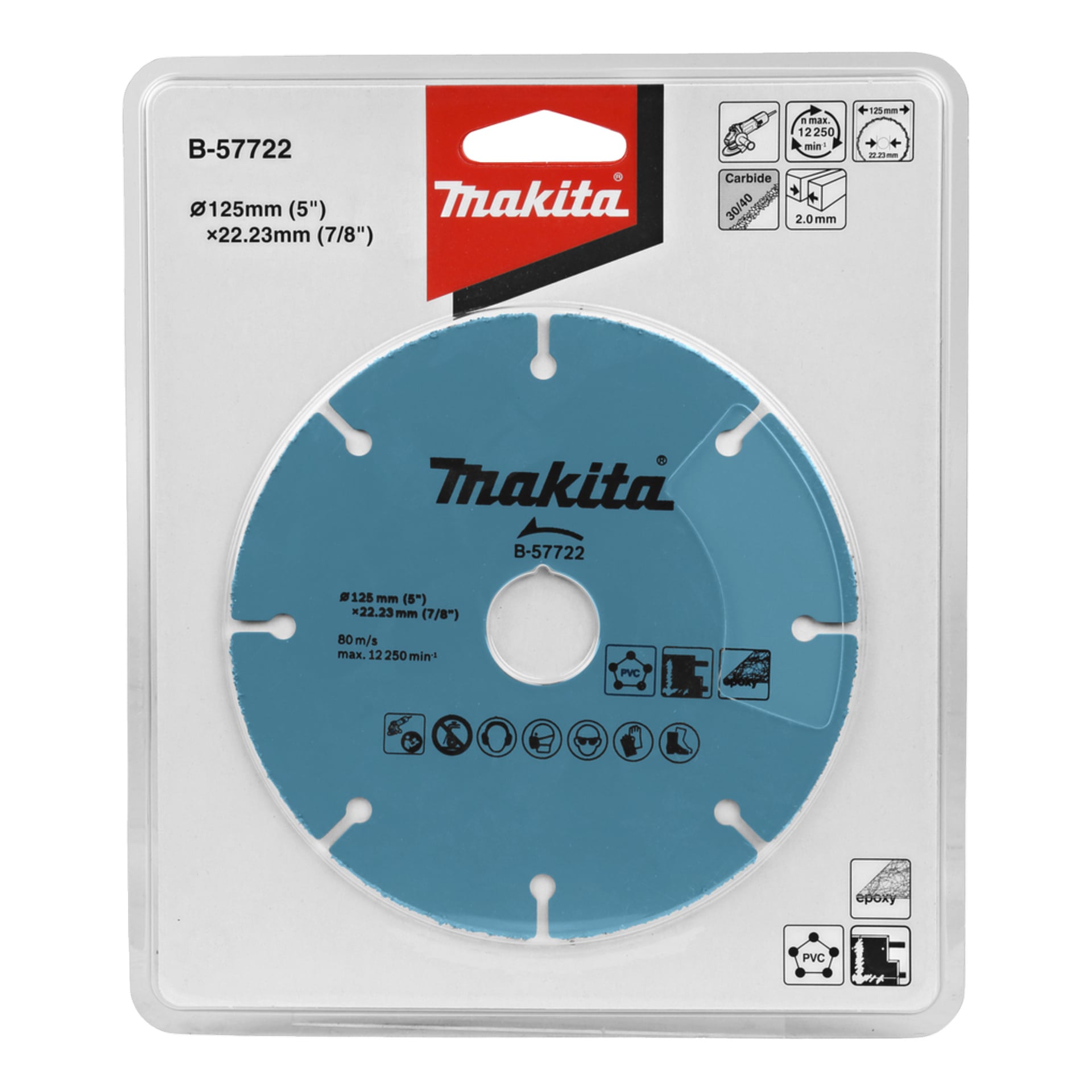 Makita B-57722 karbidskiva, 125 mm, 22,23 mm axel, ingår i förpackningen, klassad för 12 250 varv per minut för skärning i trä, plast och epoxi.