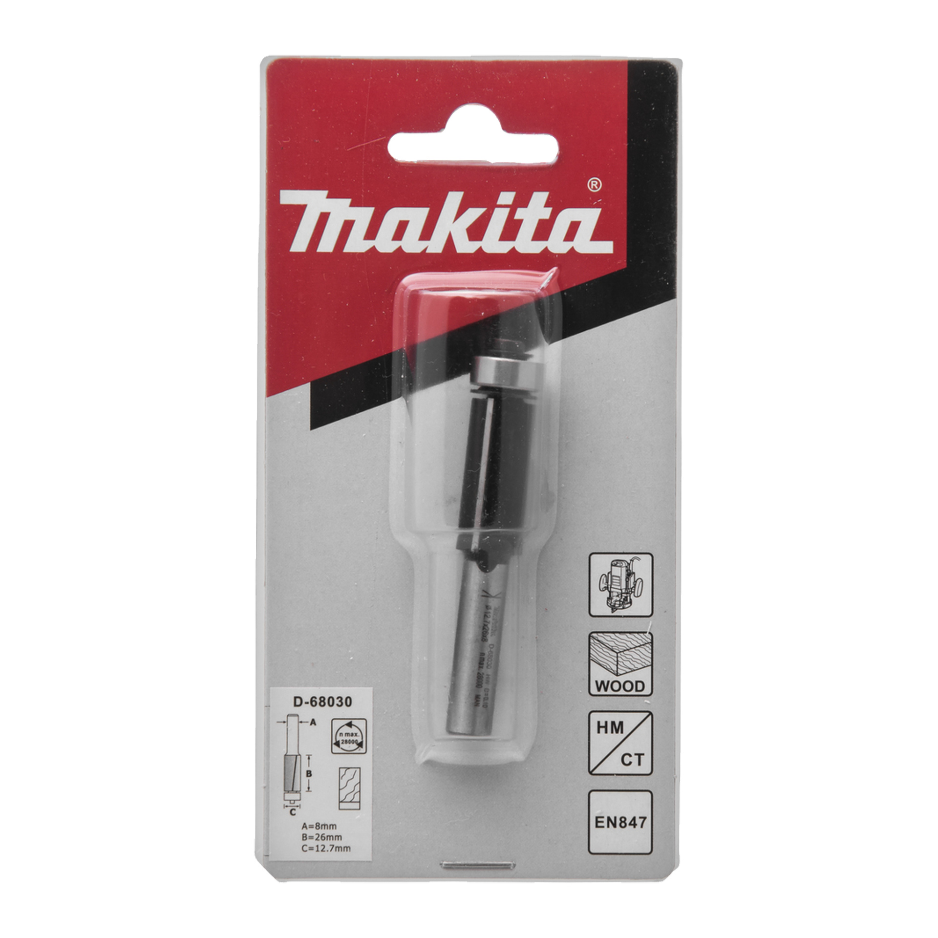 Makita-fräsbit D-68030, silverskaft och svart skärhuvud, förseglat i blisterförpackning med specifikationer och användningsikoner synliga.