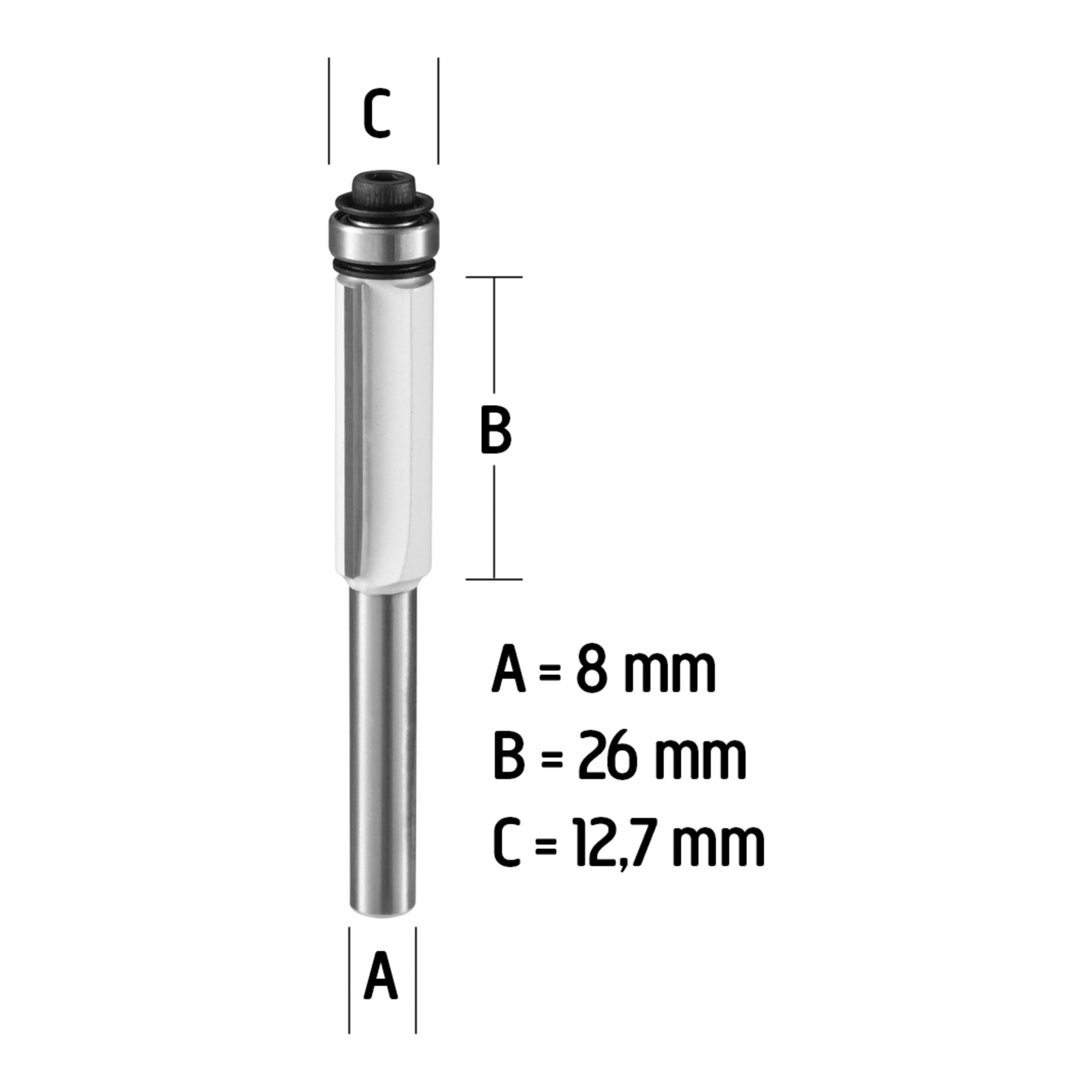 Ett cylindriskt metallverktyg med tre sektioner märkta A (8 mm), B (26 mm) och C (12,7 mm), med mått markerade på.