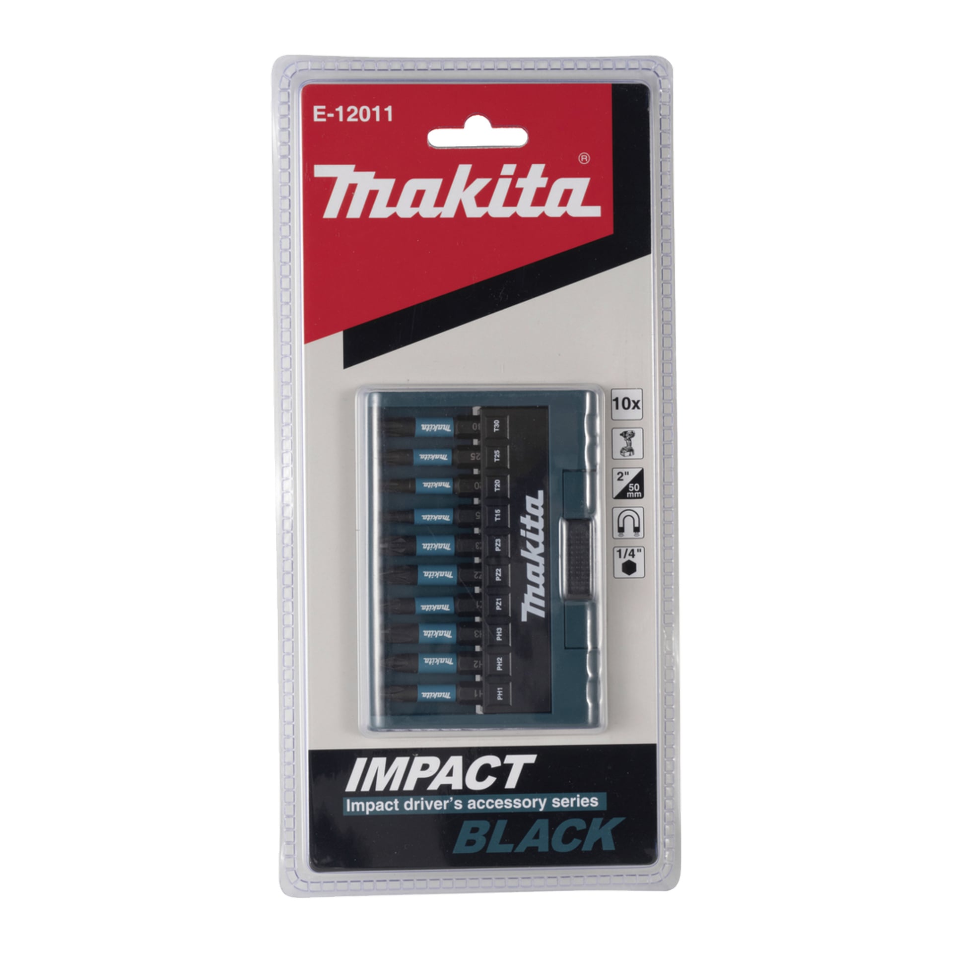 Förseglade Makita slagstiftsbitar, modell E-12011, 10 bitar i plasthållare, med röd, vit och svart märkesetikett.