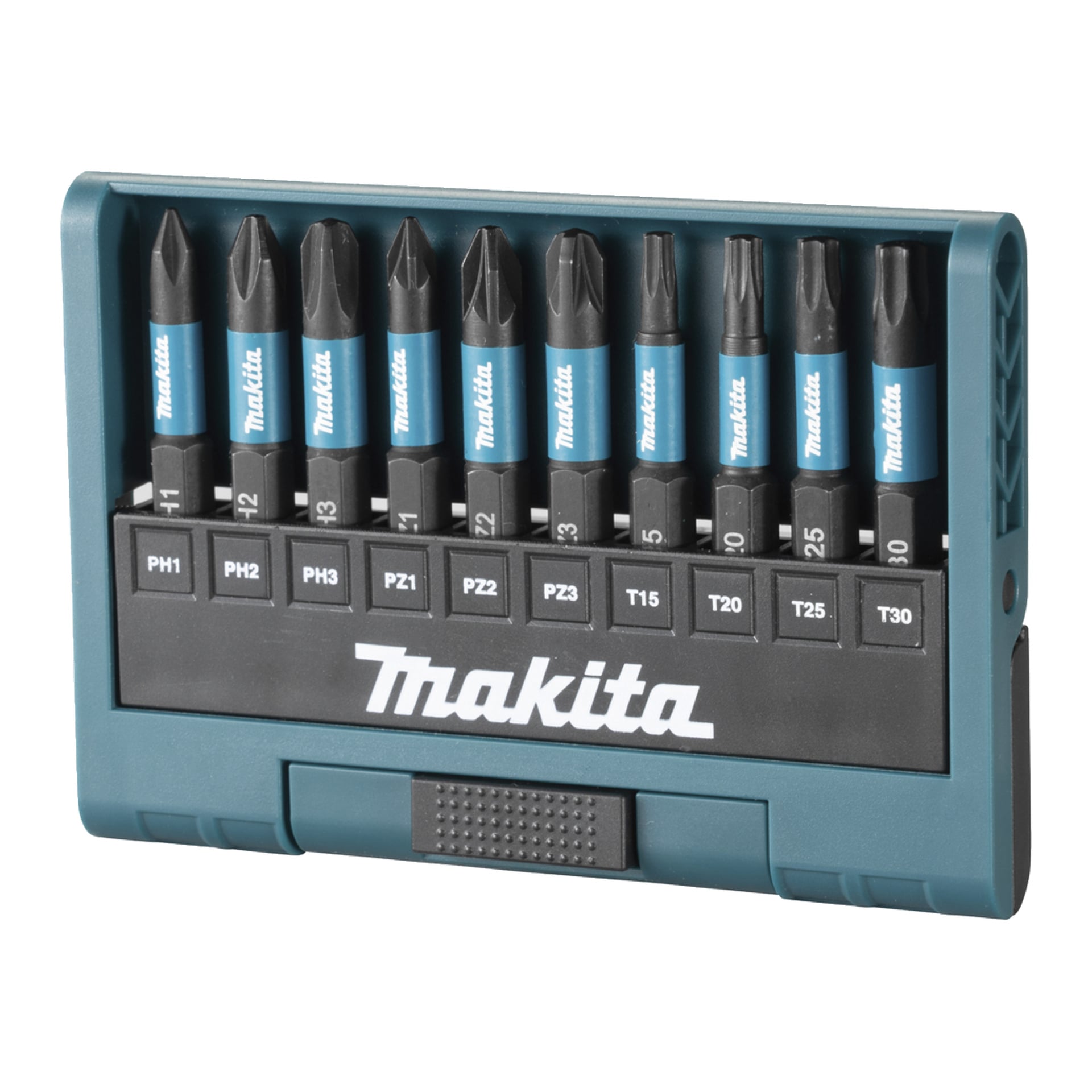 Ett blått Makita-fodral rymmer tio skruvmejselbitar av olika typer och storlekar, var och en upprätt i märkta spår för Phillips, Pozidrive och Torx.
