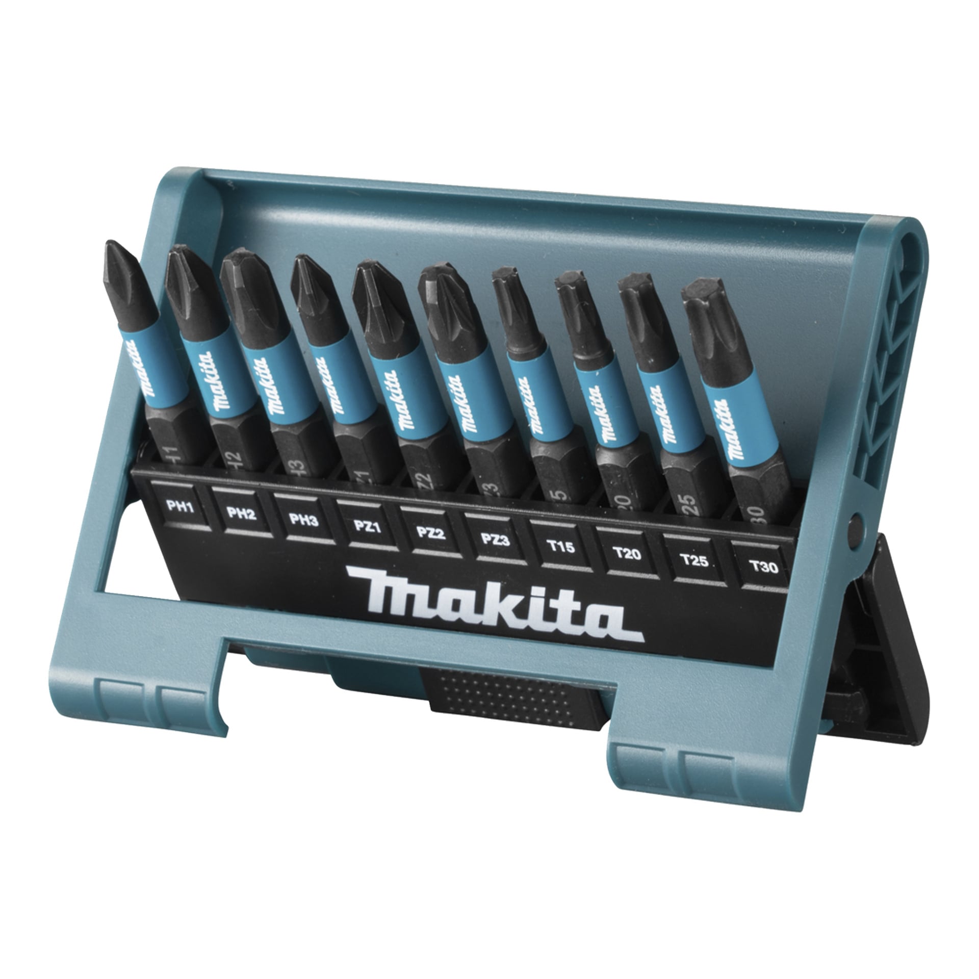 Tio Makita-skruvmejselbitar i en teal-hållare, var och en märkt efter storlek och typ—Phillips, Pozidriv, Torx—med Makita-logga på fodralet.