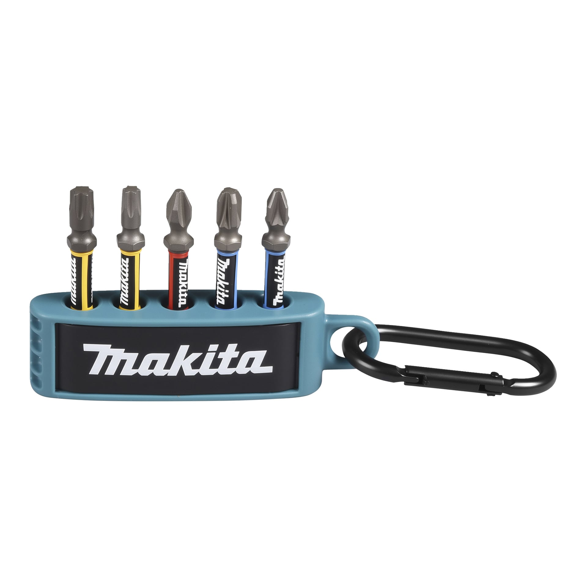 Fyra Makita-skruvmejselbitar med färgade band i en blå hållare, fästa vid en svart karbinhake. Makita-logotypen syns på hållaren.