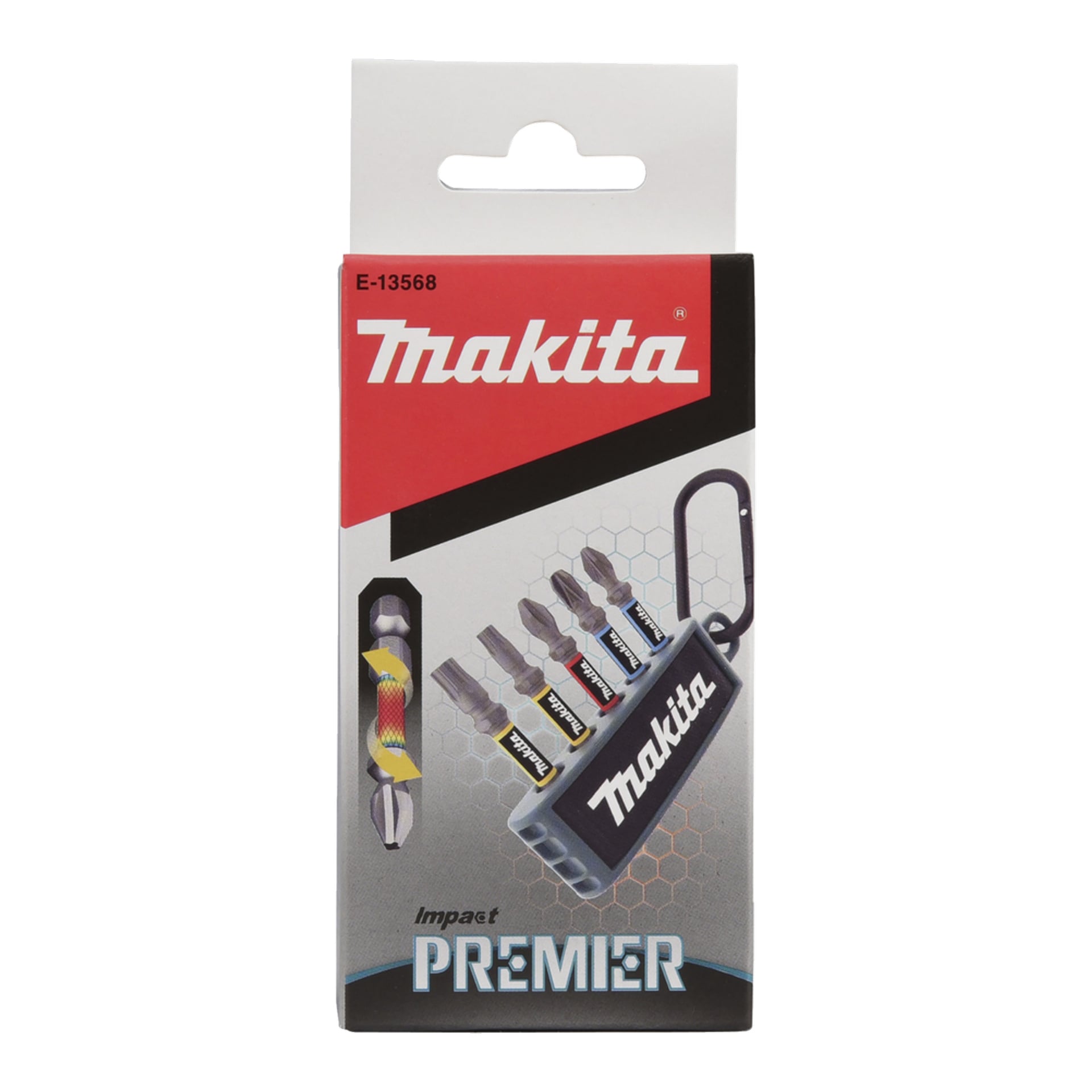 Makita Impact Premier-paket med sex skruvmejselbitar och en svart karbinhakehållare; kod E-13568 uppe till vänster.