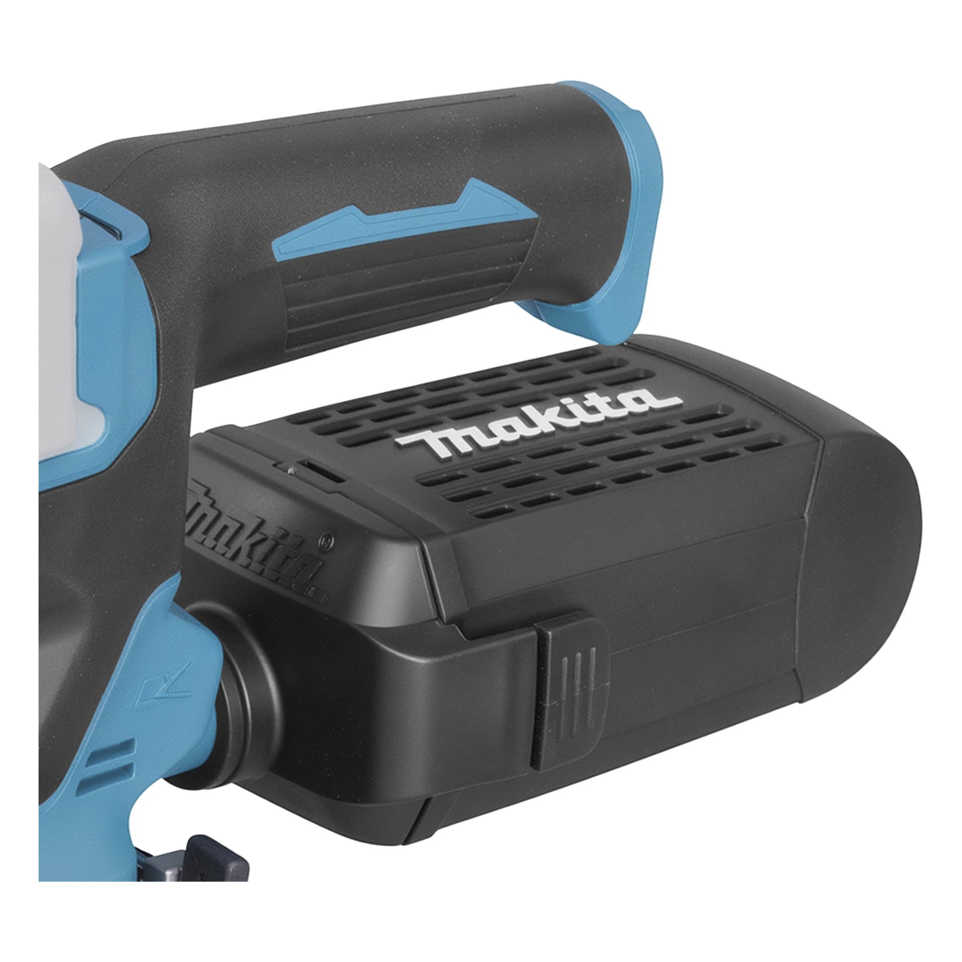 Närbild på ett Makita-elverktyg med sitt svarta och blå handtag, ventilerade svarta hölje och Makita-loggan i djärva vita bokstäver.
