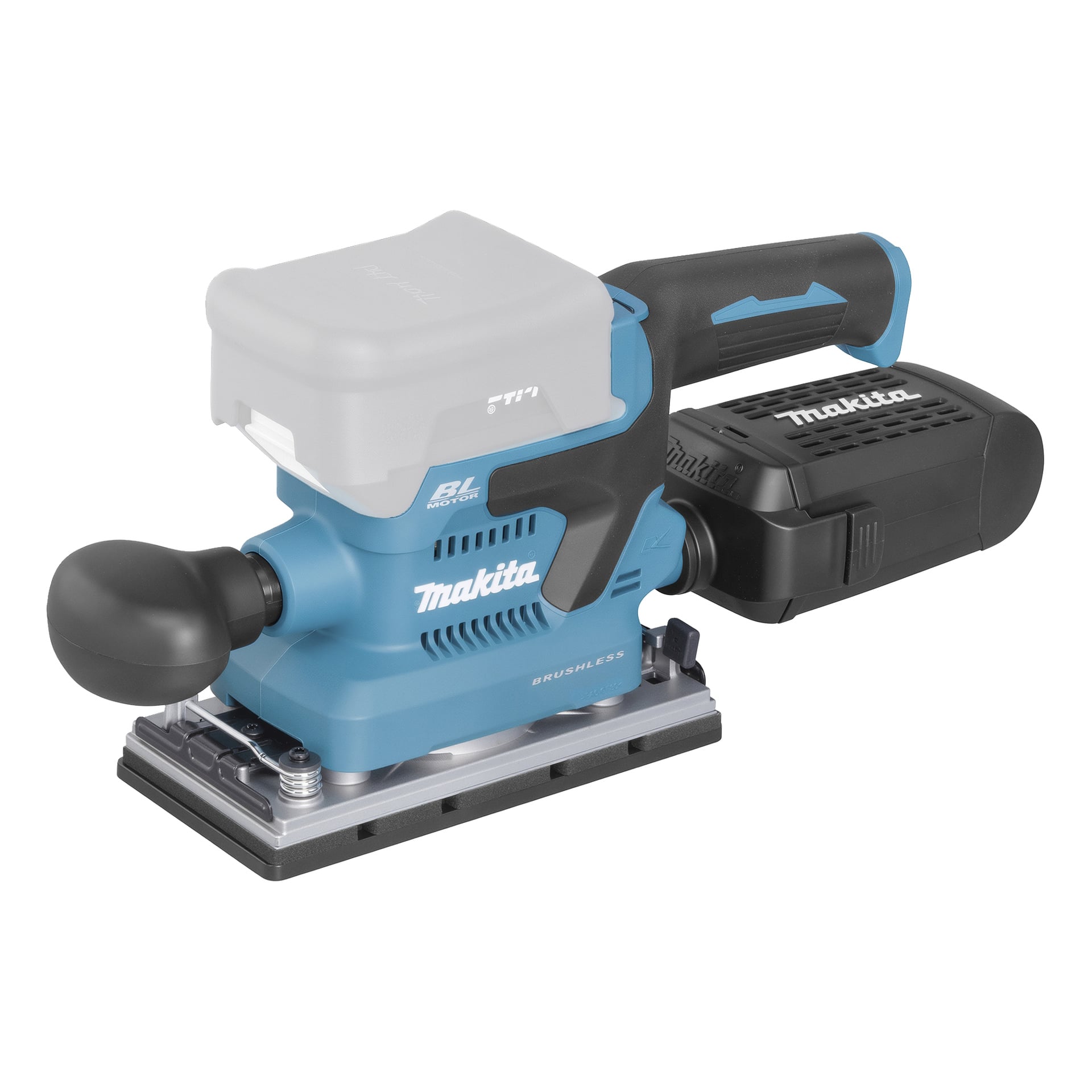 Blå och svart Makita sladdlösa slipmaskin med rektangulär bas, sidohandtag och batterifack monterat ovanpå.