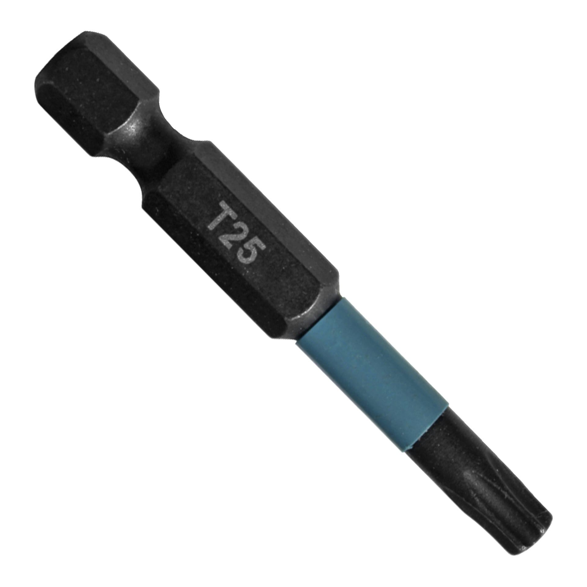 Ein schwarzer und blauer T25 Torx Schraubendreher mit Sechskantbasis.