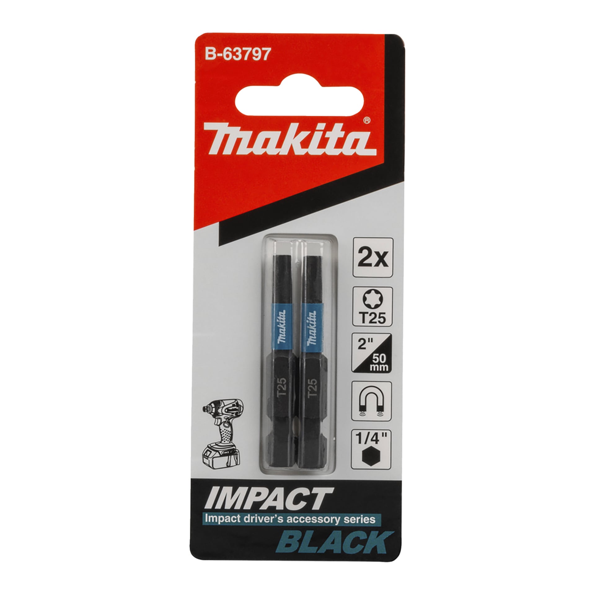 Zwei Makita Impact Black T25 Schraubenzieherbits, 2" lang und 1/4" Durchmesser, in der originalen Einzelhandelsverpackung mit Branding gezeigt.