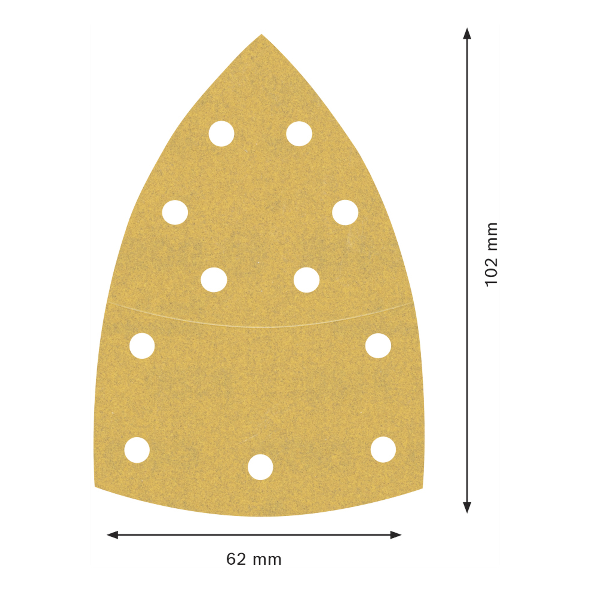 Trekantet gult slipeark med 11 hull; Den er 102 mm høy og 62 mm bred, med svarte piler og etiketter som markerer målene.