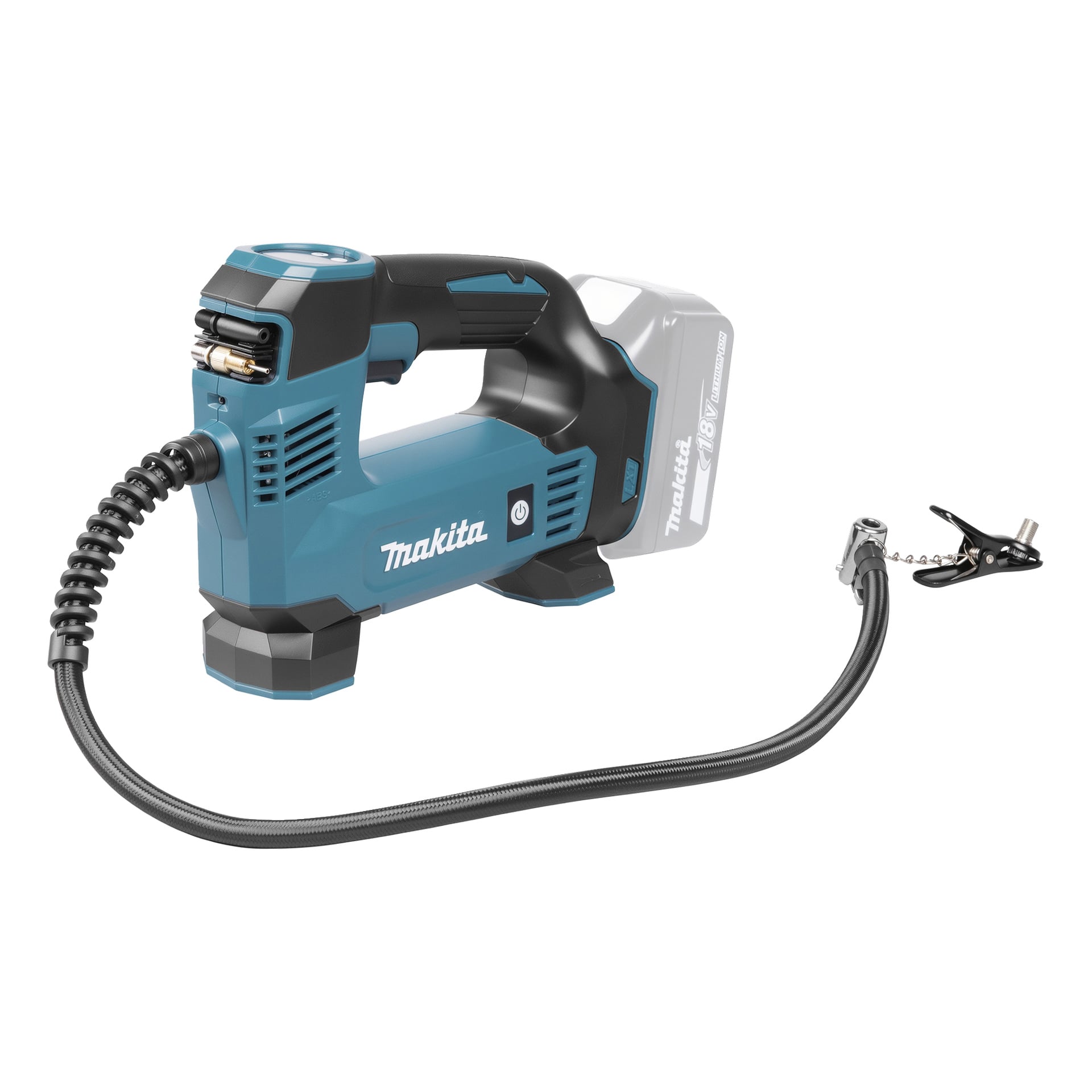 En blå och svart Makita trådlös inflator med flexibel slang, synligt handtag, batterifack och Makita-logga.