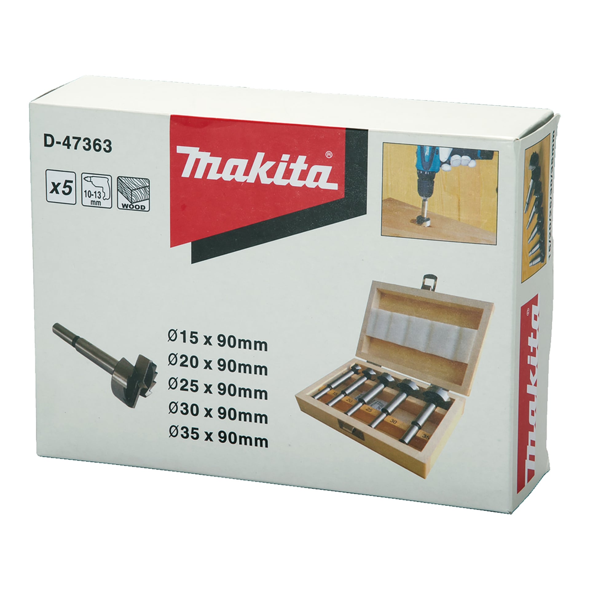 Makita D-47363 träborrlåda med fem olika borr, trälåda och ikoner för mätningar och användning på förpackningen.