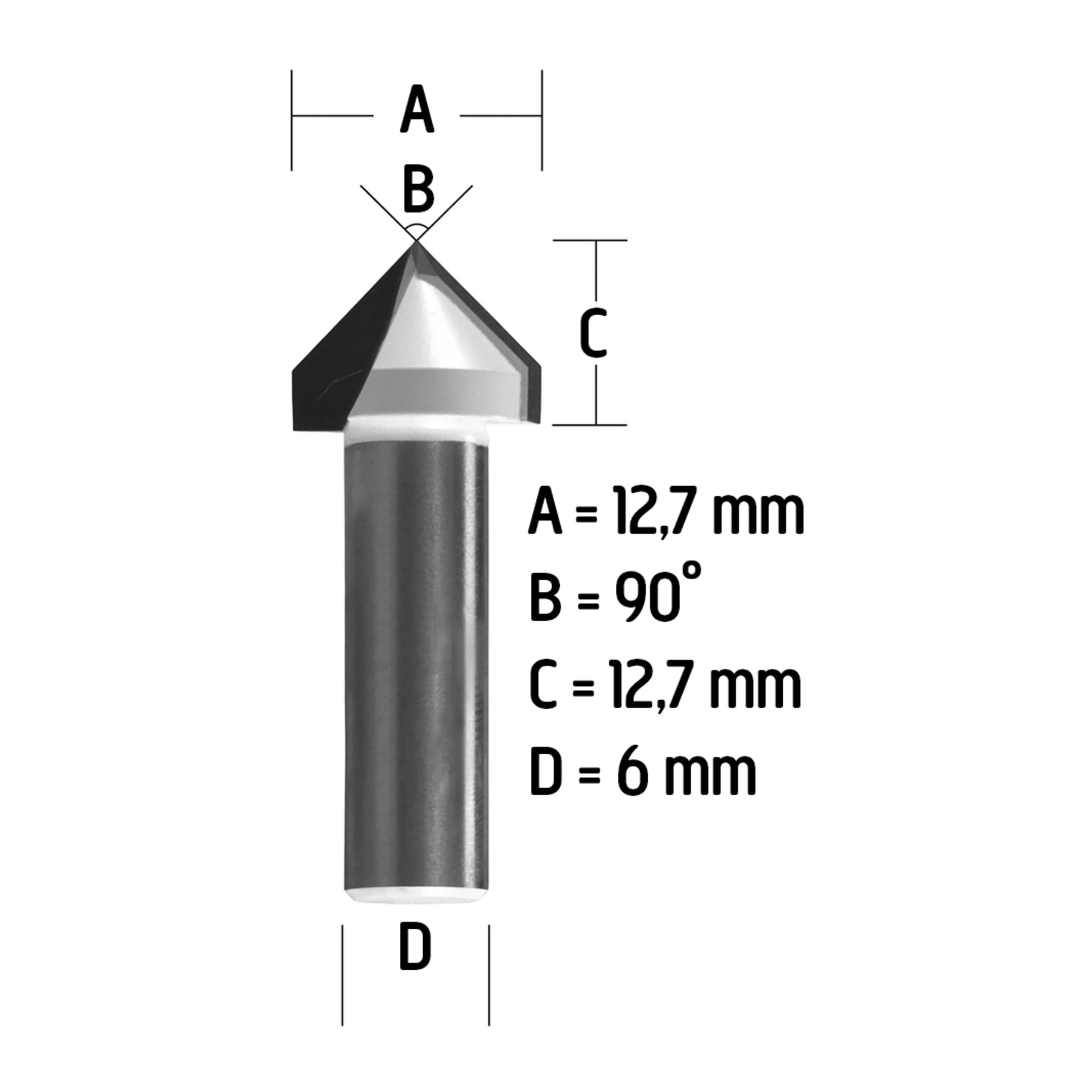 Diagram över skärverktyg med etiketter: A 12,7 mm, B 90°, C 12,7 mm, D 6 mm; har en spetsig spets och cylindrisk skaft.
