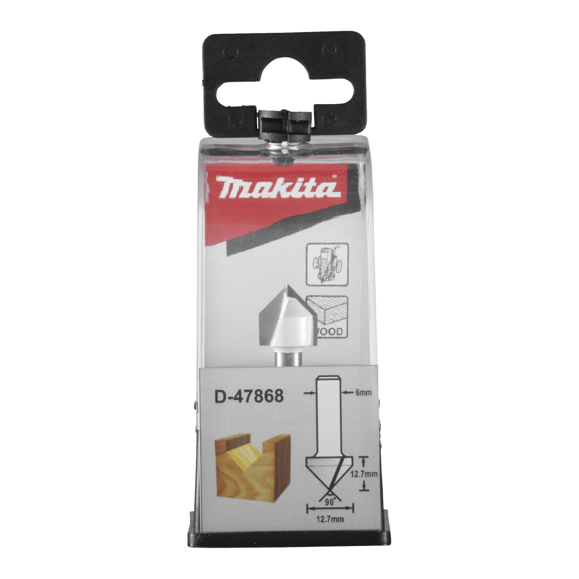 Makita-fräsbit D-47868 i genomskinlig plastförpackning, med produktdetaljer, användningsdiagram och Makita-logotyp på etiketten.